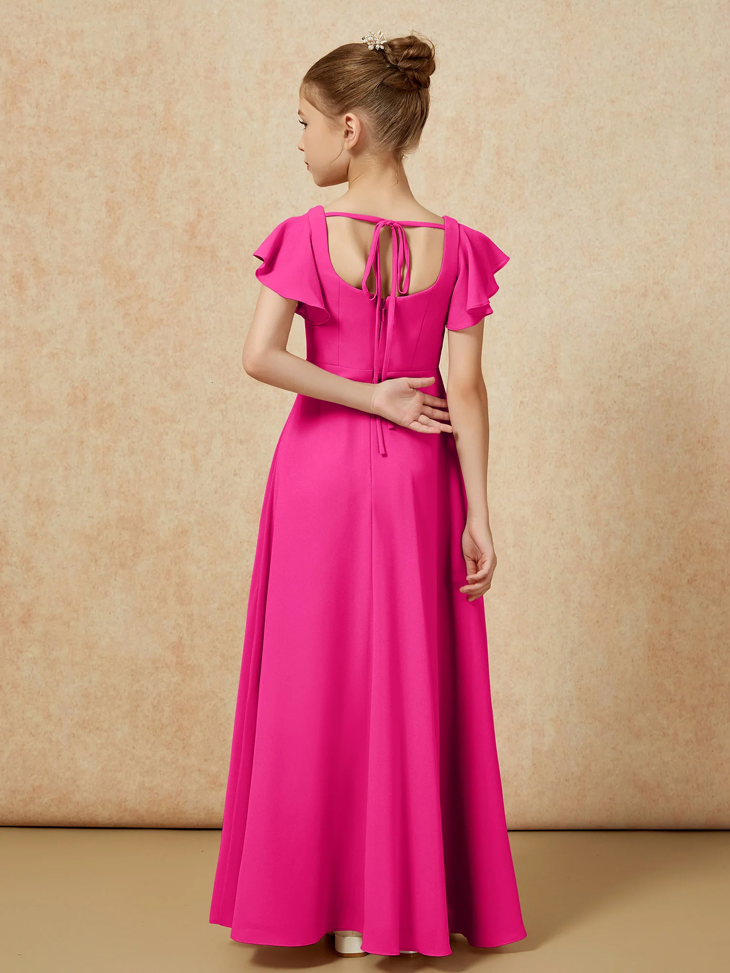 Flutter Sleeves Long Junior Bridesmaid Dresses With Slit Fuchsia - Image 2