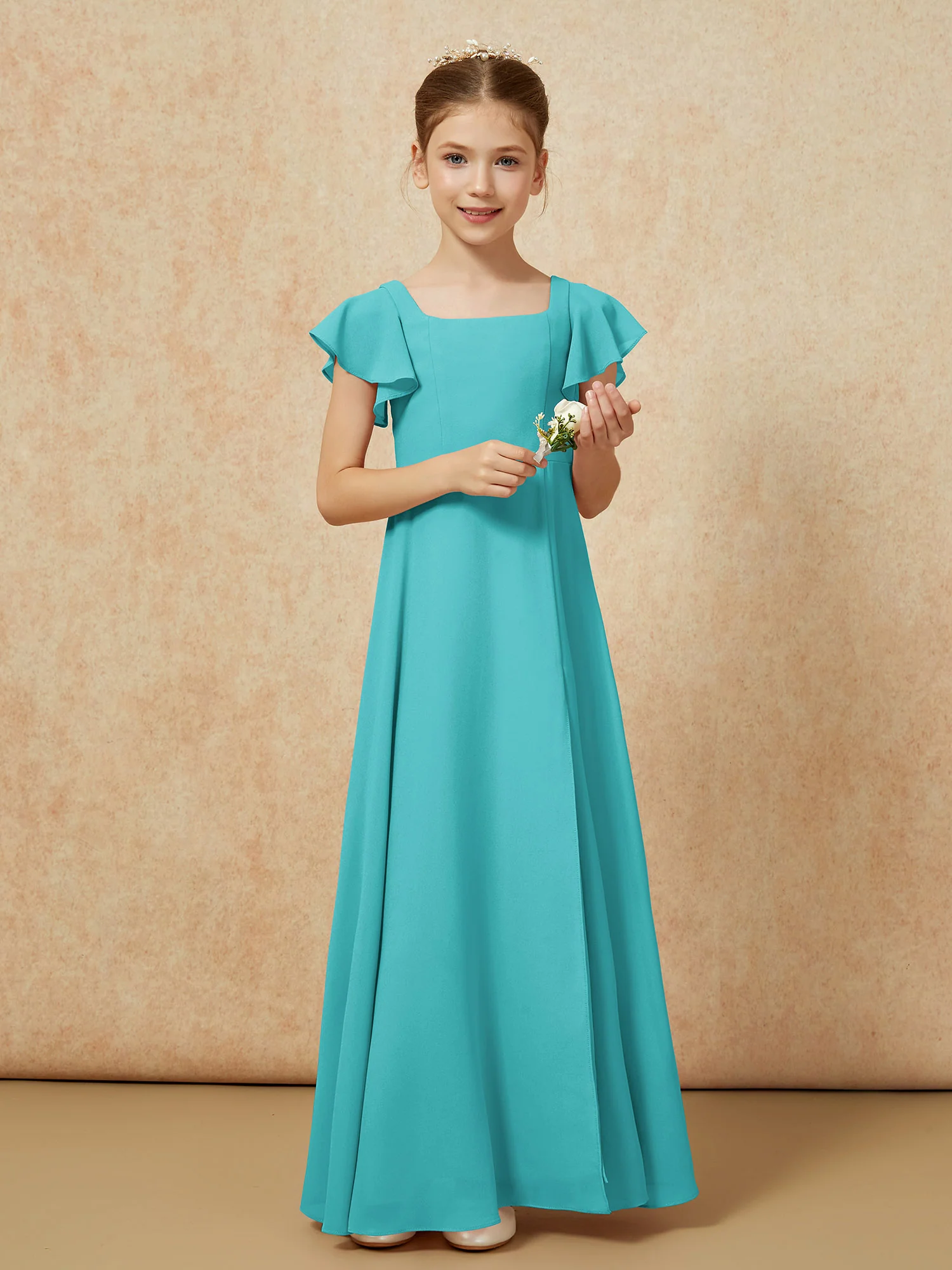 Flutter Sleeves Long Junior Bridesmaid Dresses With Slit Jade - Image 5