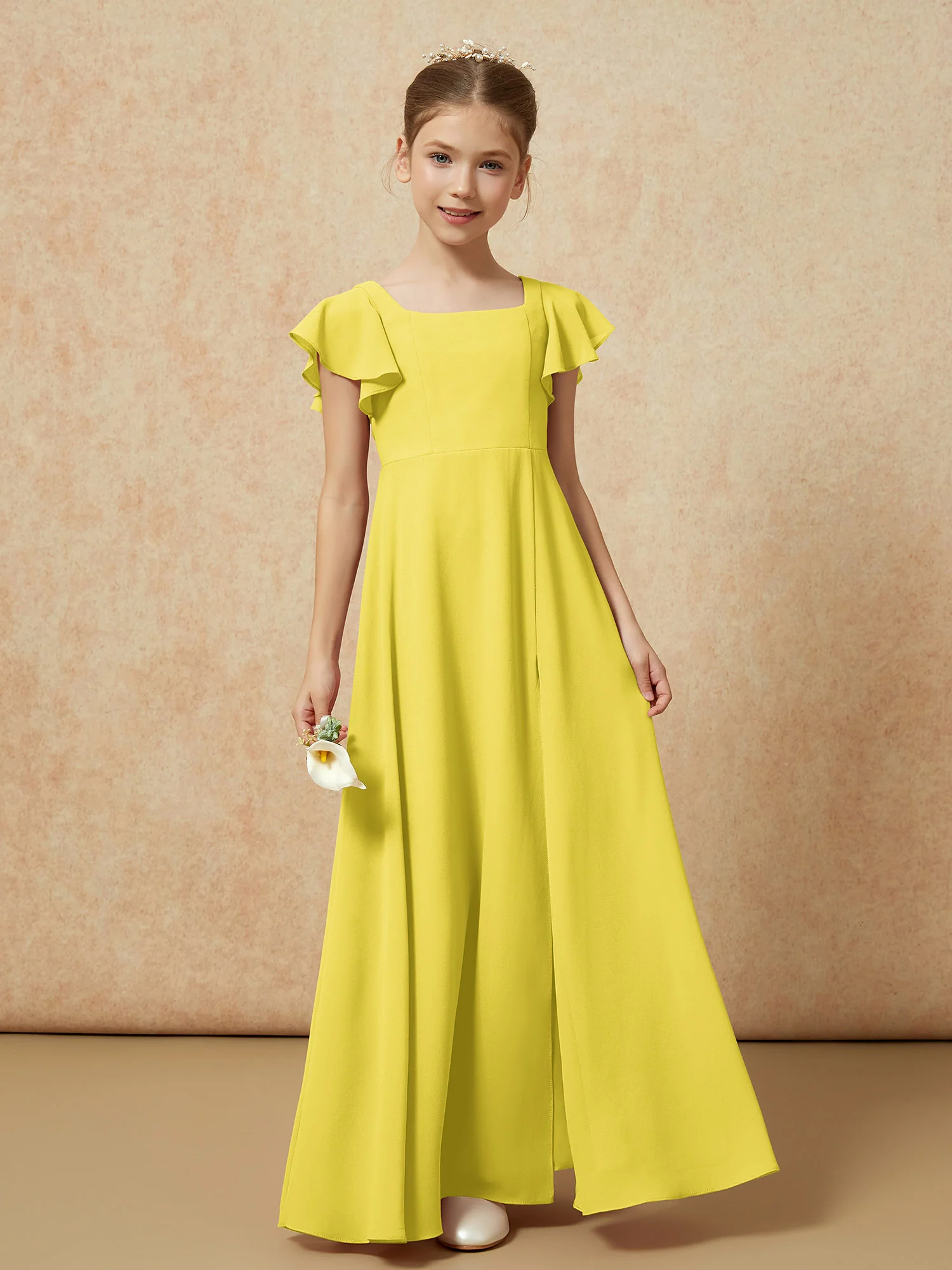Flutter Sleeves Long Junior Bridesmaid Dresses With Slit Lemon - Image 4