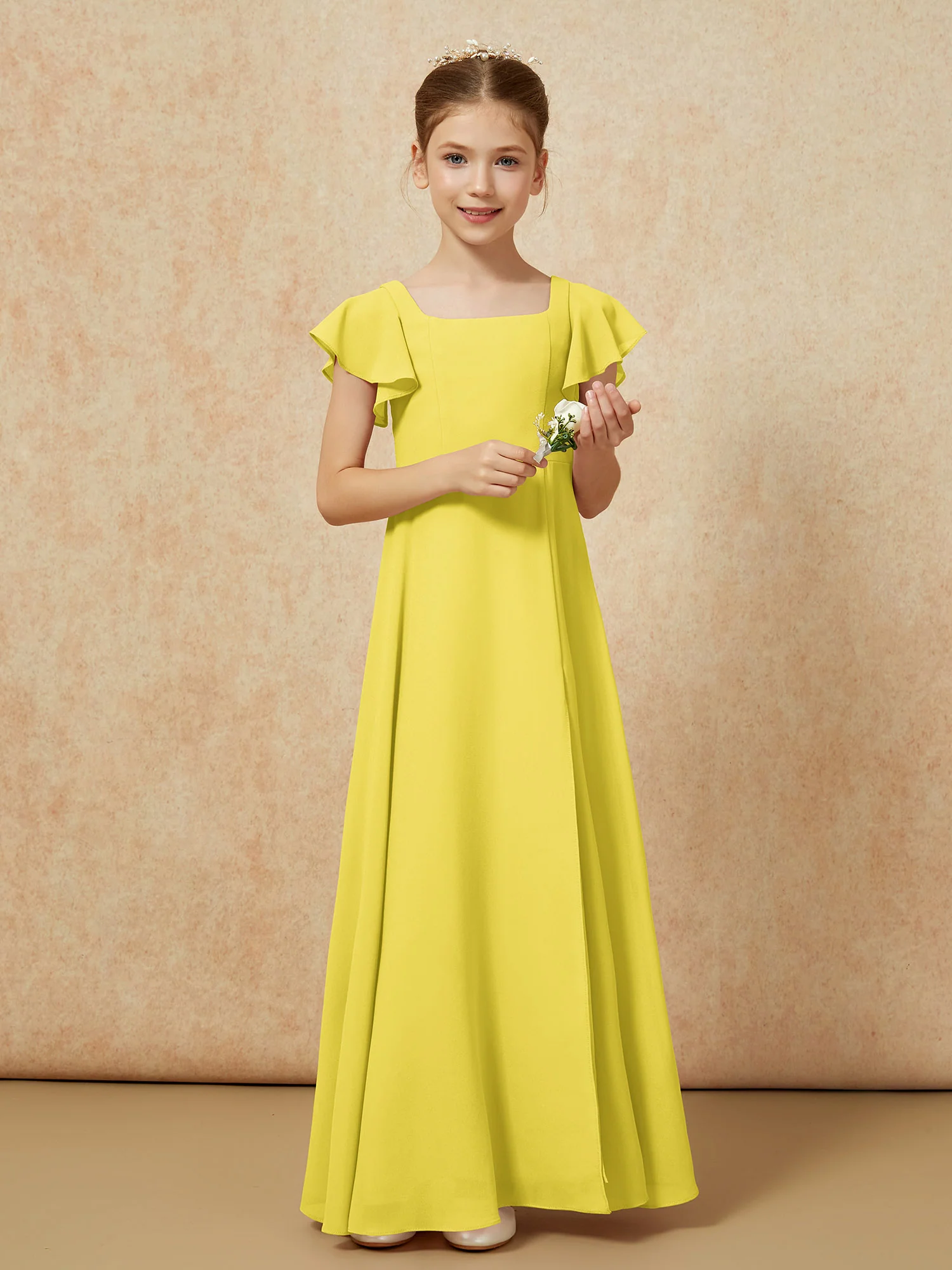 Flutter Sleeves Long Junior Bridesmaid Dresses With Slit Lemon - Image 5