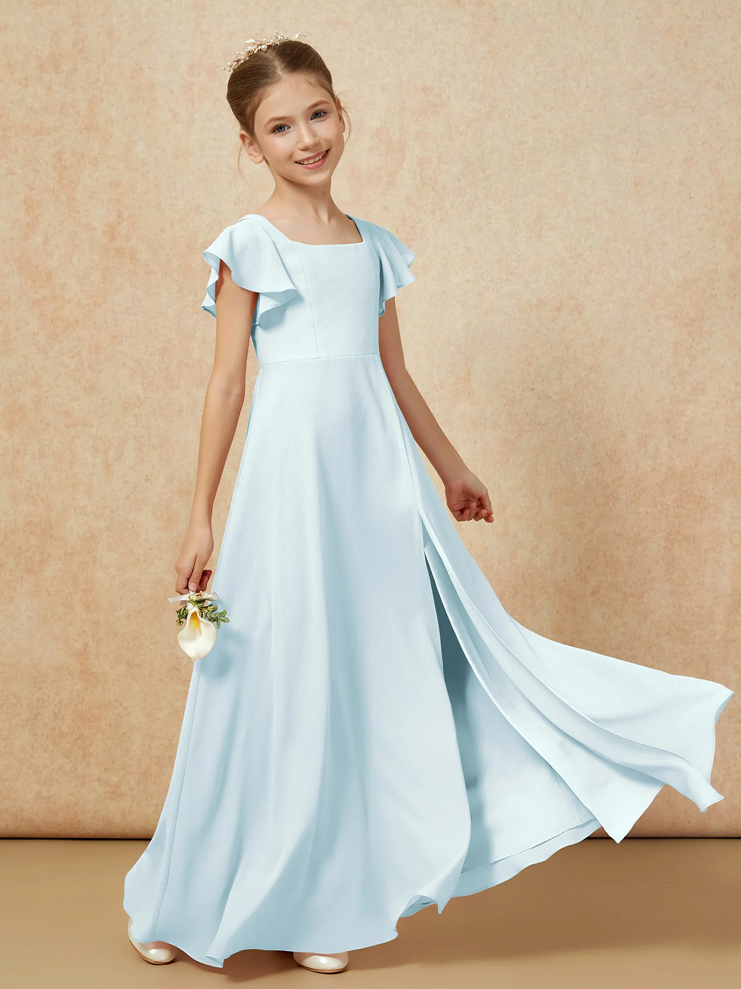 Flutter Sleeves Long Junior Bridesmaid Dresses With Slit Mist - Image 6
