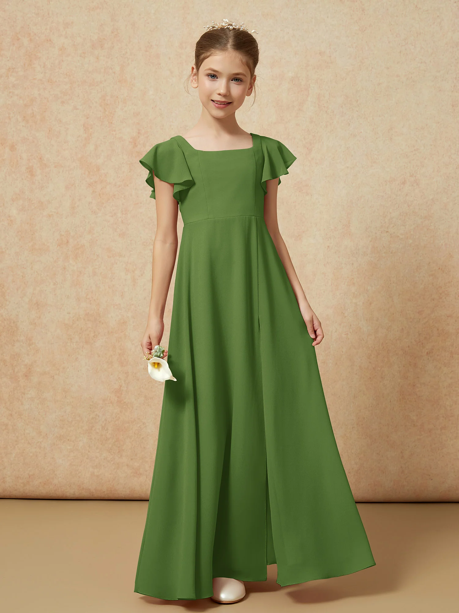 Flutter Sleeves Long Junior Bridesmaid Dresses With Slit Moss - Image 4