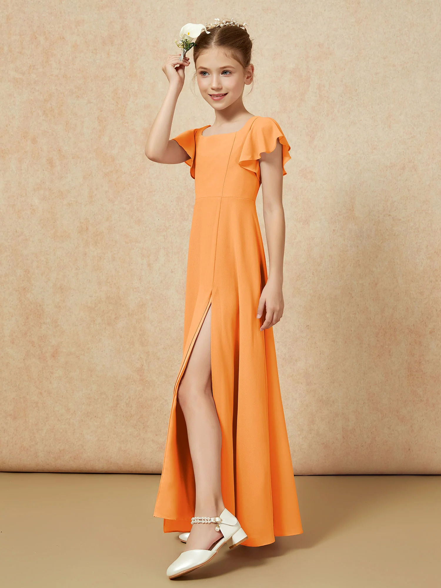 Flutter Sleeves Long Junior Bridesmaid Dresses With Slit Orange - Image 3