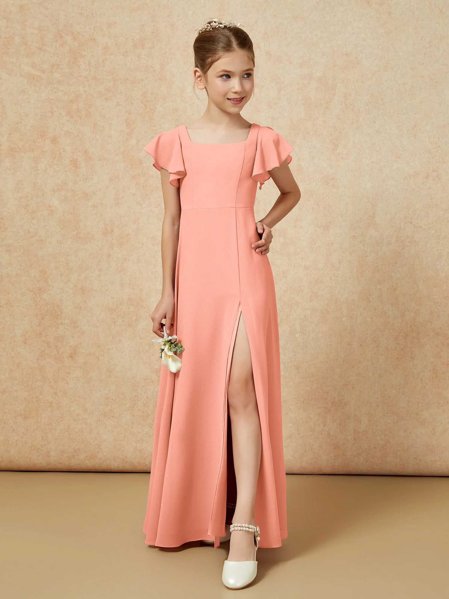 Flutter Sleeves Long Junior Bridesmaid Dresses With Slit Papaya