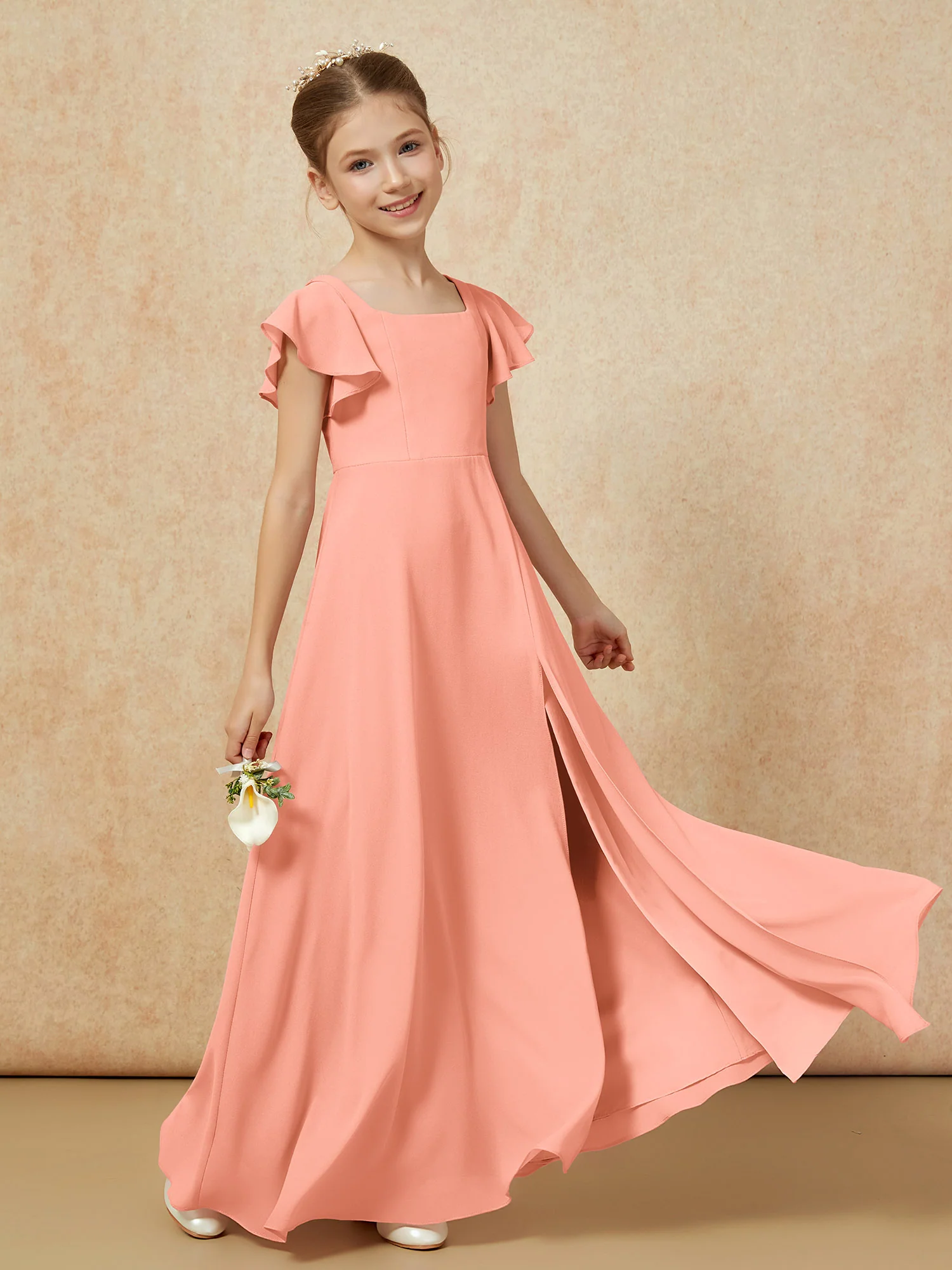 Flutter Sleeves Long Junior Bridesmaid Dresses With Slit Papaya - Image 6
