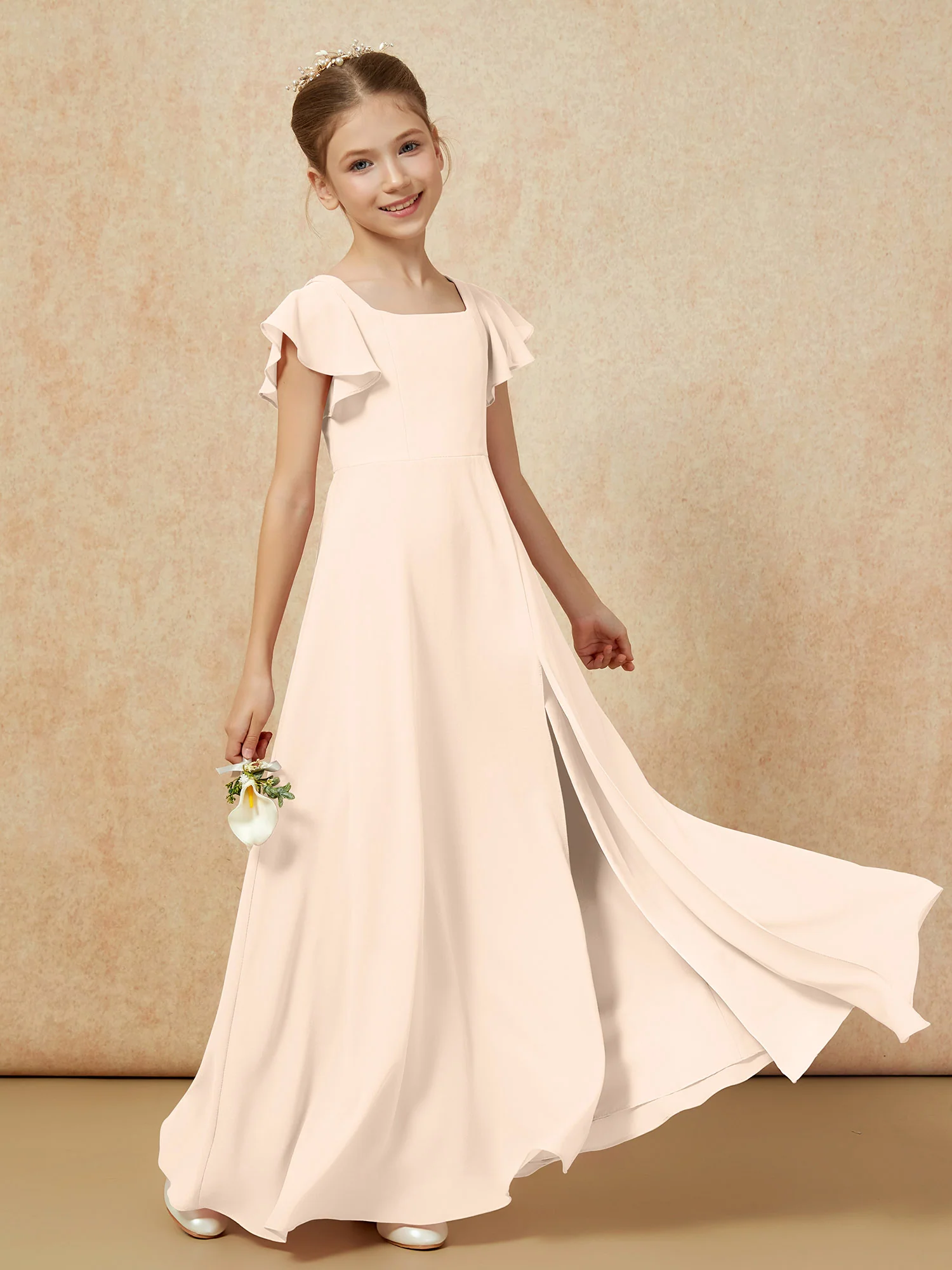 Flutter Sleeves Long Junior Bridesmaid Dresses With Slit Peach - Image 6