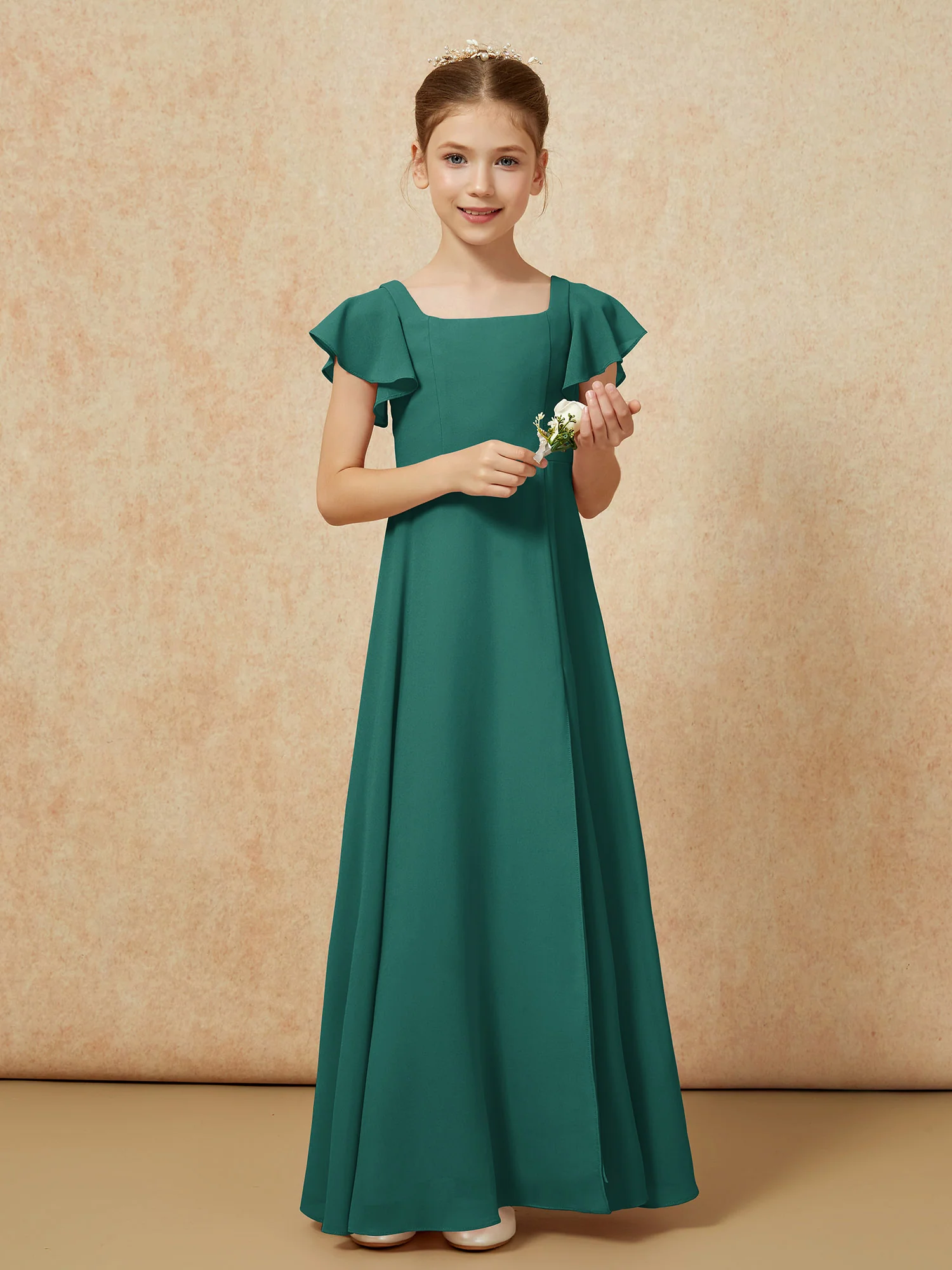 Flutter Sleeves Long Junior Bridesmaid Dresses With Slit Peacock - Image 5