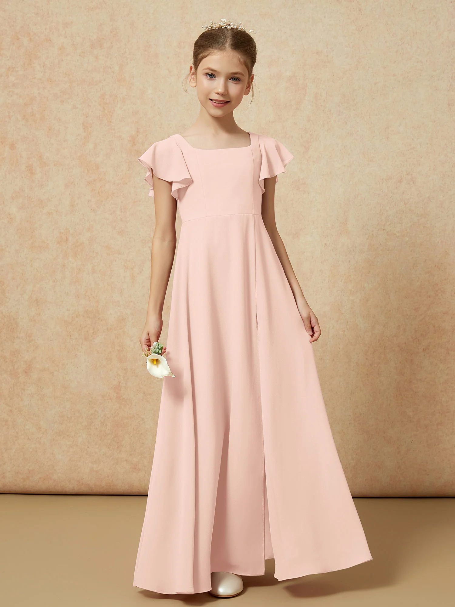 Flutter Sleeves Long Junior Bridesmaid Dresses With Slit Pearl Pink - Image 4