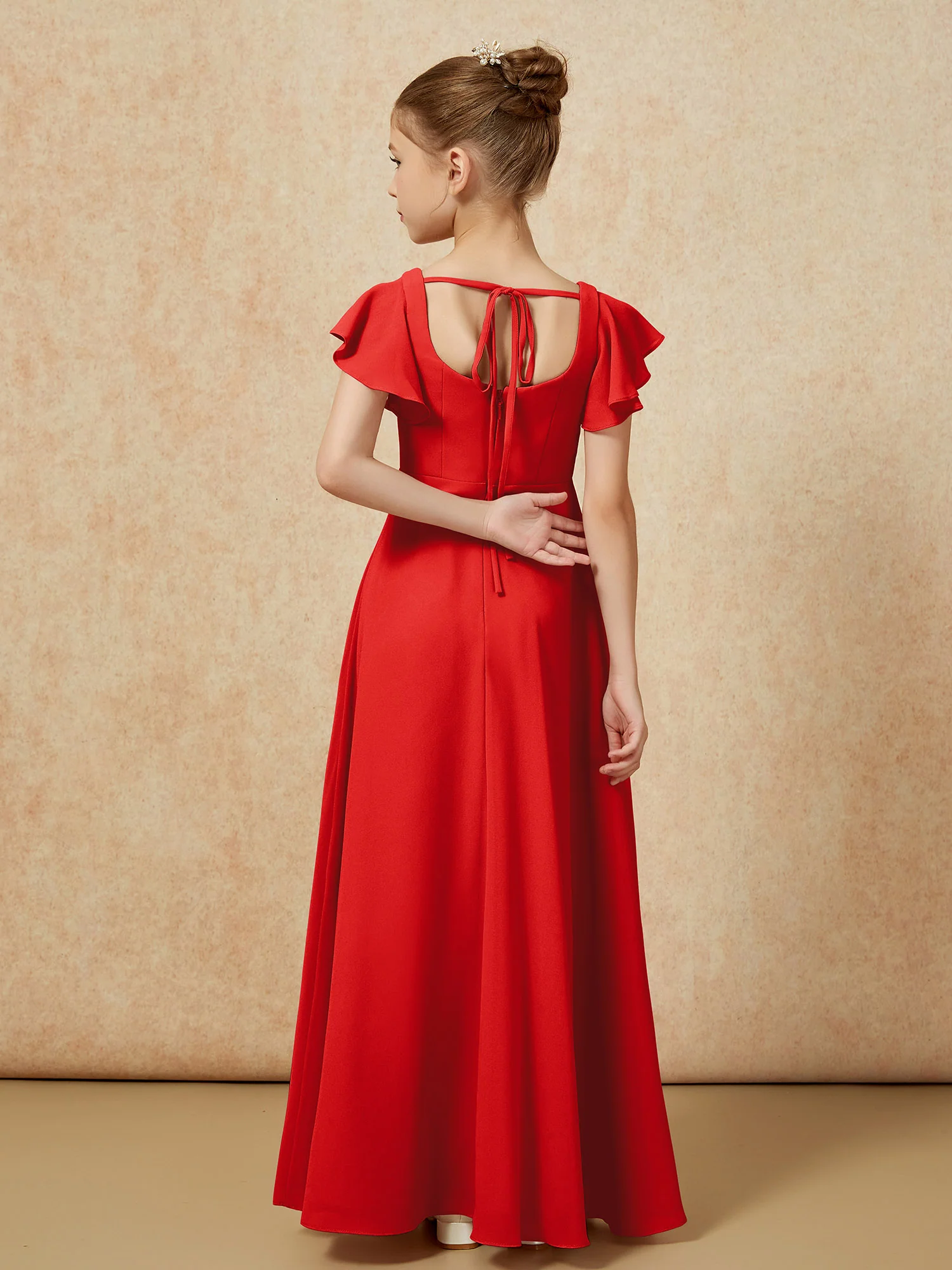 Flutter Sleeves Long Junior Bridesmaid Dresses With Slit Red - Image 2