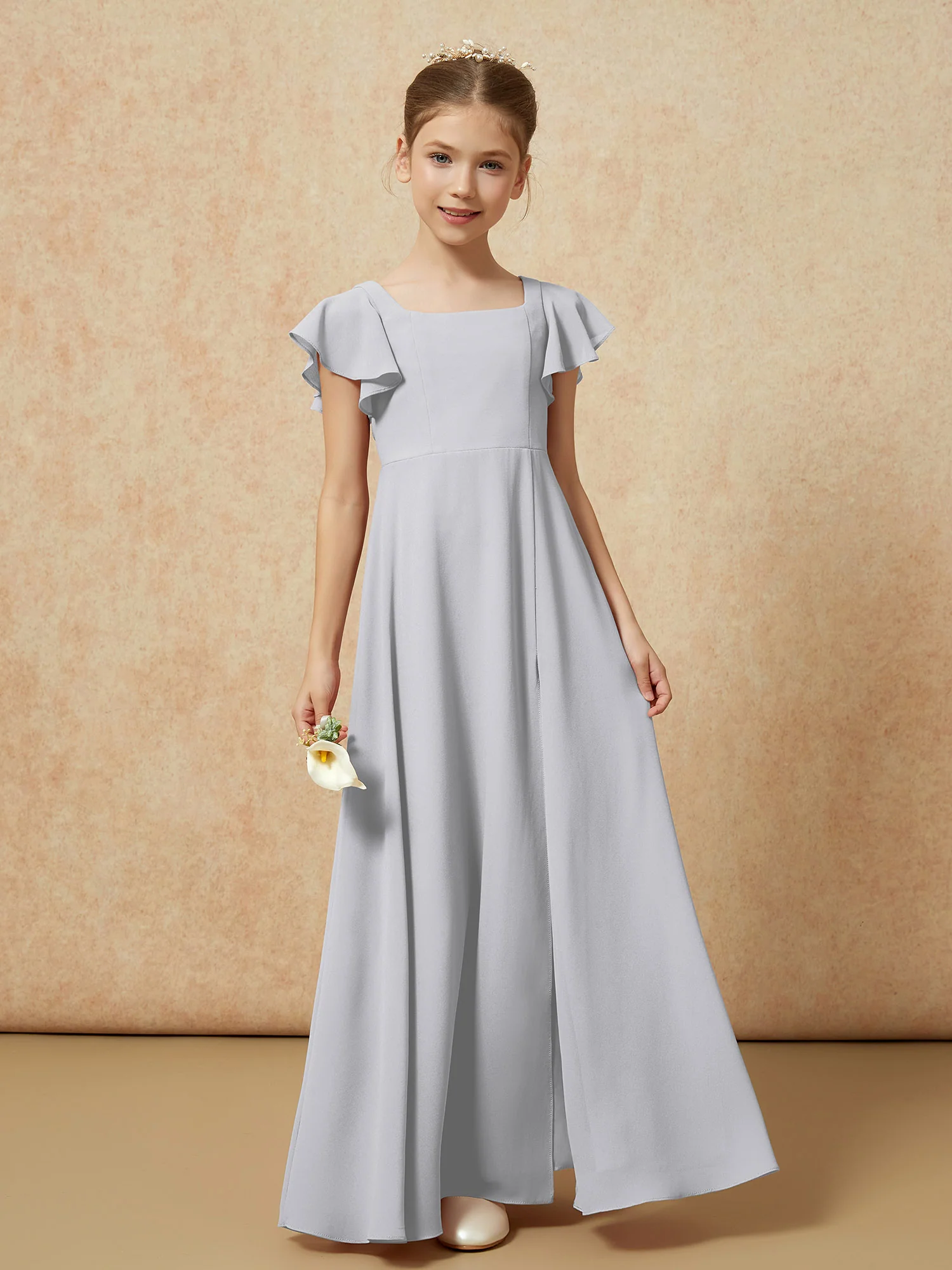 Flutter Sleeves Long Junior Bridesmaid Dresses With Slit Silver - Image 4