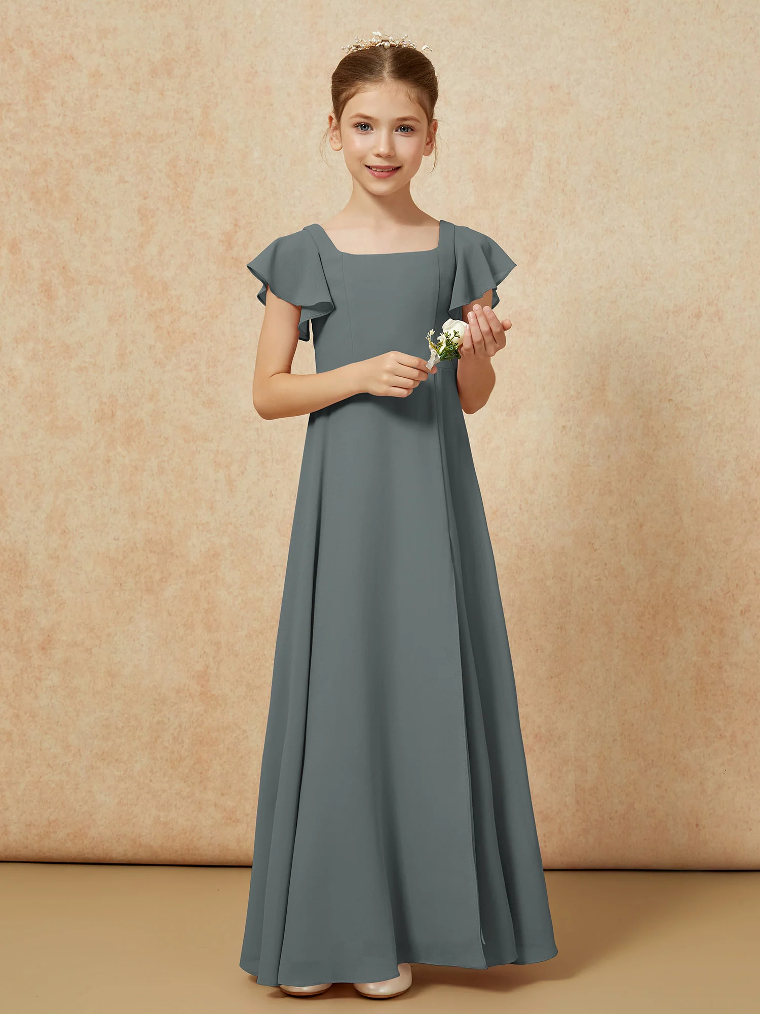 Flutter Sleeves Long Junior Bridesmaid Dresses With Slit Steel Grey - Image 5
