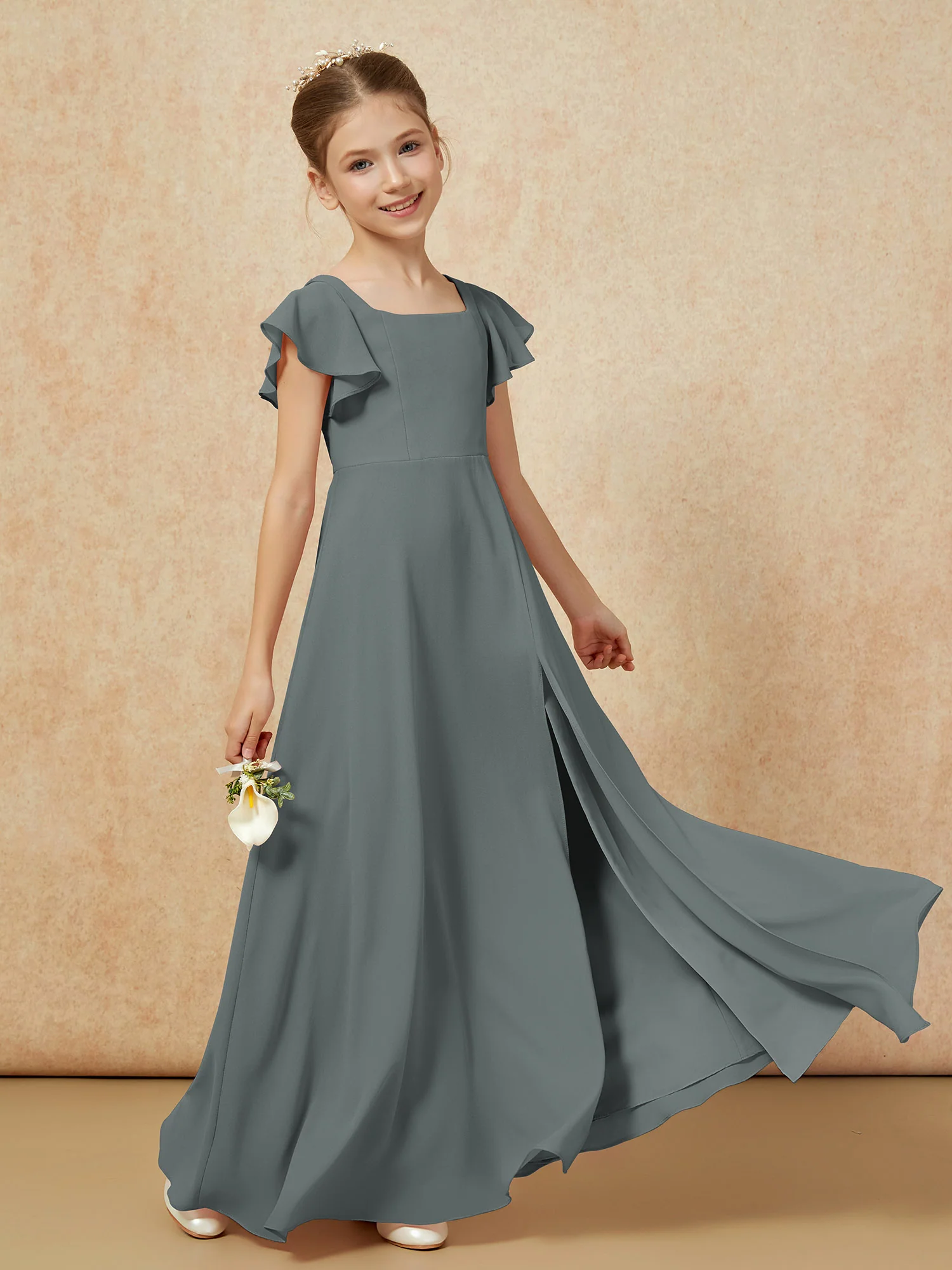 Flutter Sleeves Long Junior Bridesmaid Dresses With Slit Steel Grey - Image 6