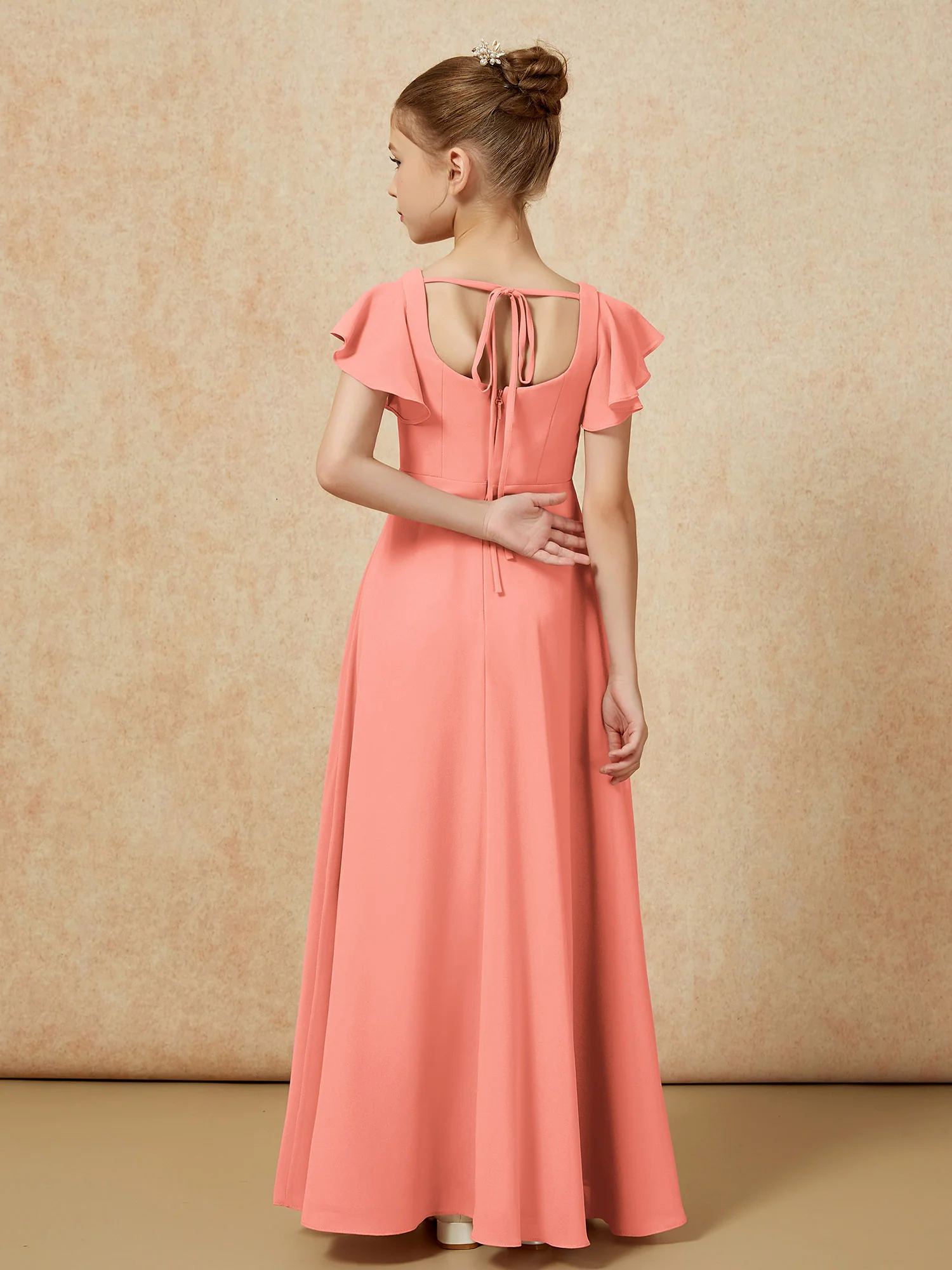 Flutter Sleeves Long Junior Bridesmaid Dresses With Slit Sunset - Image 2