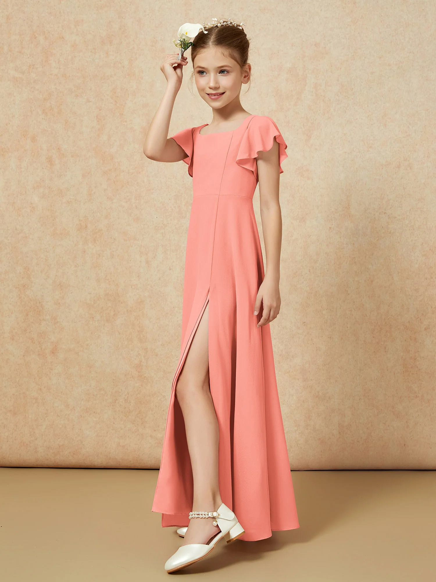 Flutter Sleeves Long Junior Bridesmaid Dresses With Slit Sunset - Image 3
