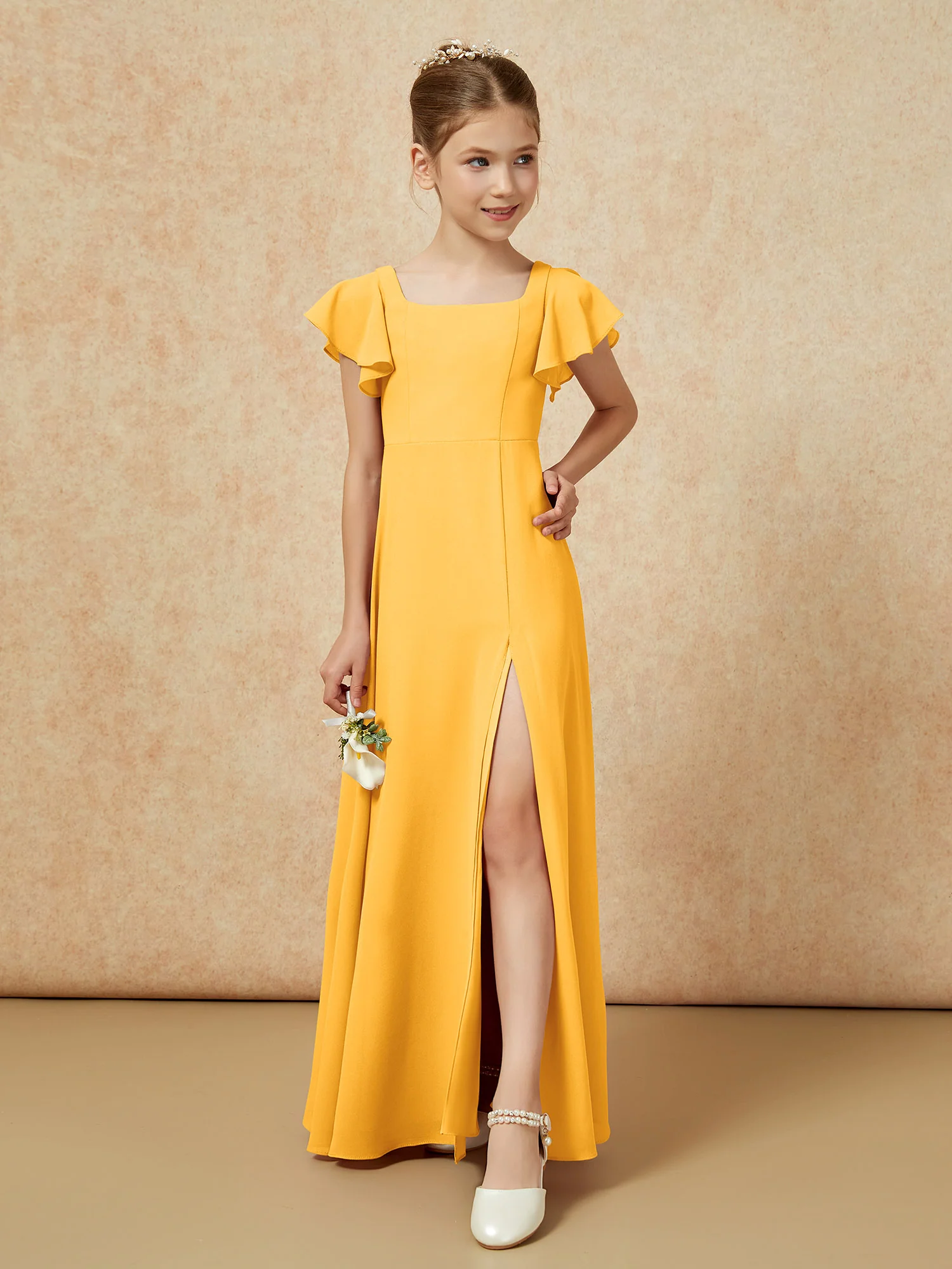 Flutter Sleeves Long Junior Bridesmaid Dresses With Slit Tangerine