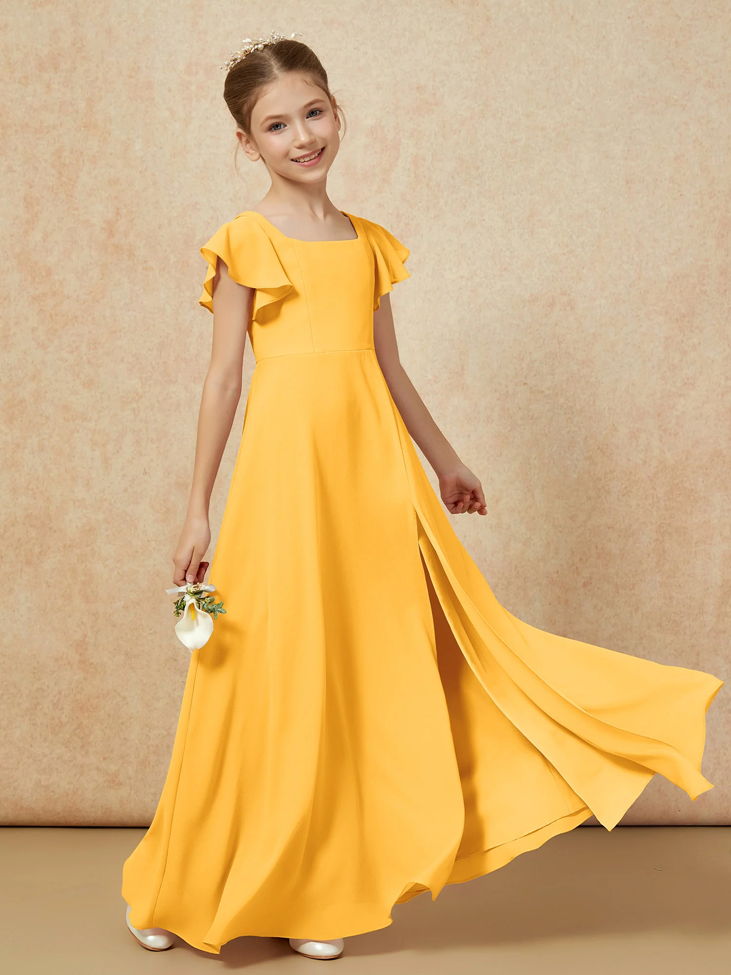 Flutter Sleeves Long Junior Bridesmaid Dresses With Slit Tangerine - Image 6