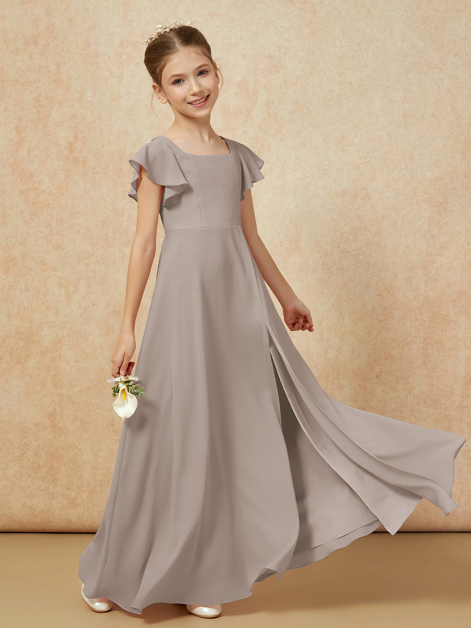 Flutter Sleeves Long Junior Bridesmaid Dresses With Slit Taupe - Image 6