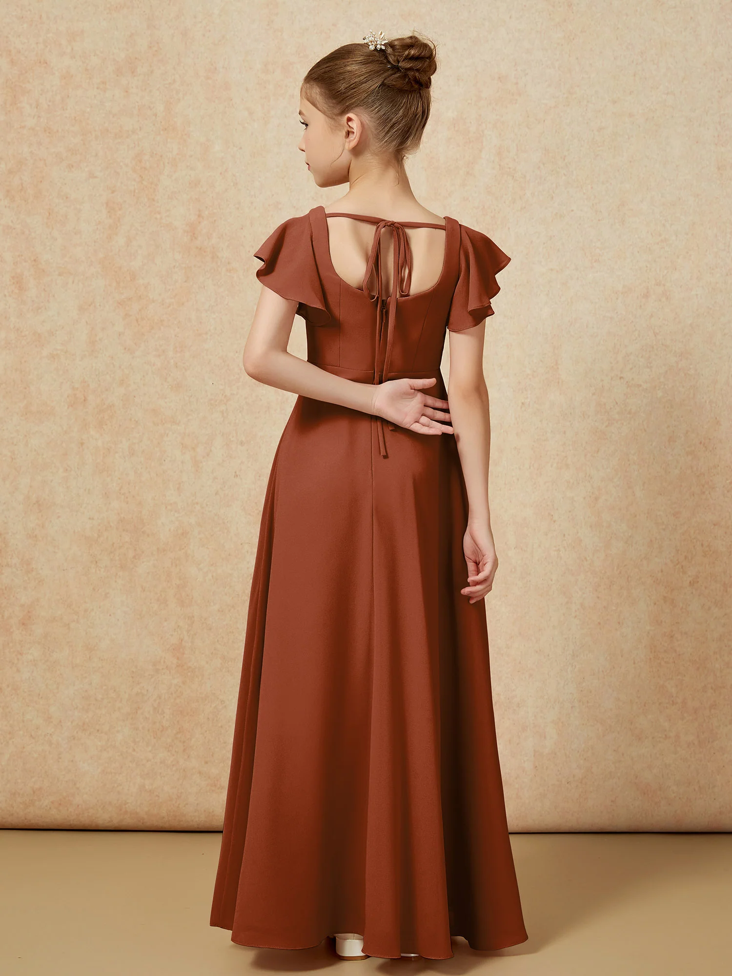 Flutter Sleeves Long Junior Bridesmaid Dresses With Slit Terracotta - Image 2