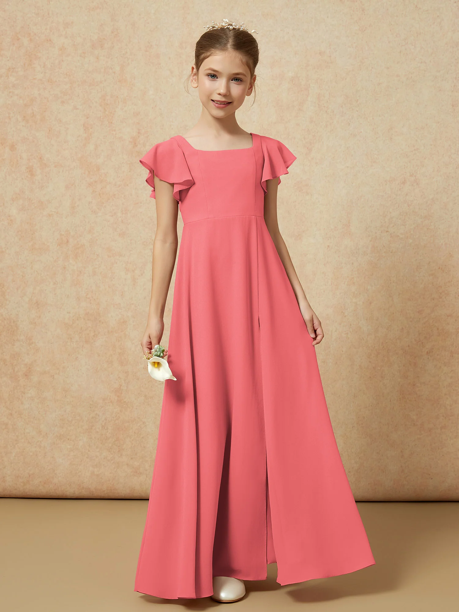Flutter Sleeves Long Junior Bridesmaid Dresses With Slit Watermelon - Image 4