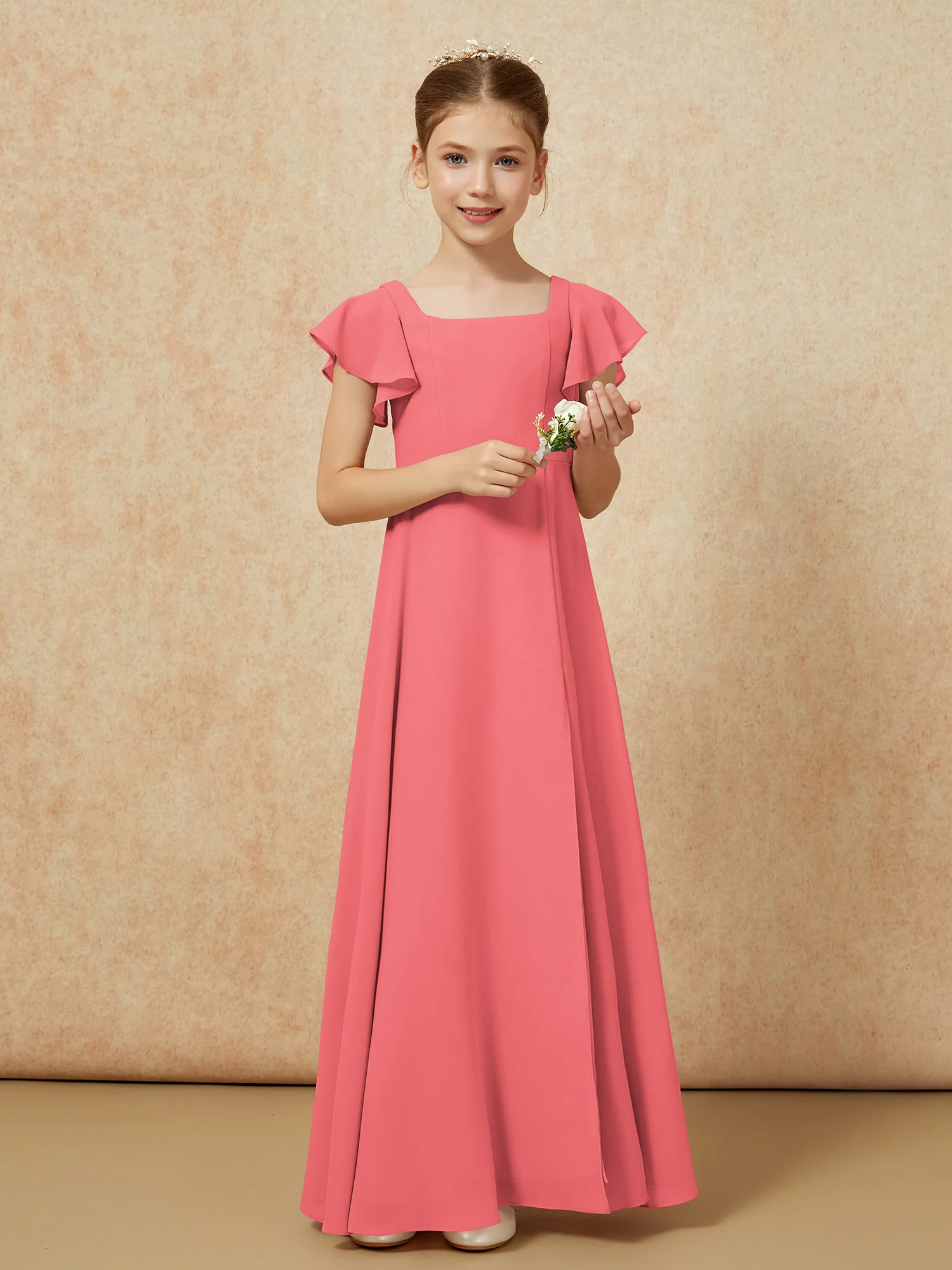Flutter Sleeves Long Junior Bridesmaid Dresses With Slit Watermelon - Image 5