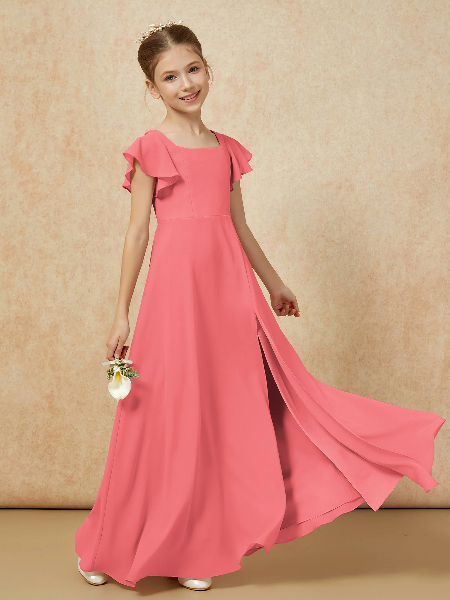 Flutter Sleeves Long Junior Bridesmaid Dresses With Slit Watermelon - Image 6