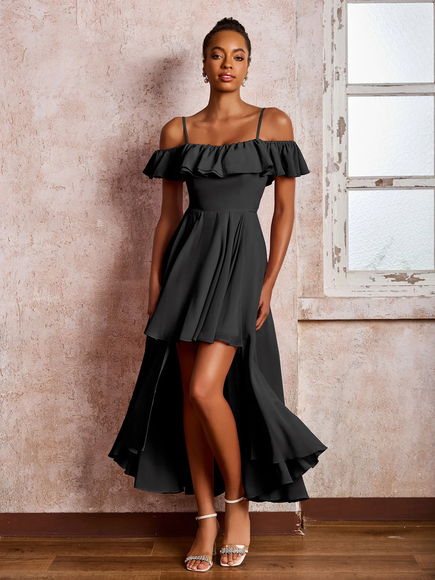 Flutter Sleeves Pleated Off-The-Shoulder Tea-Length Dresses Black - Image 3