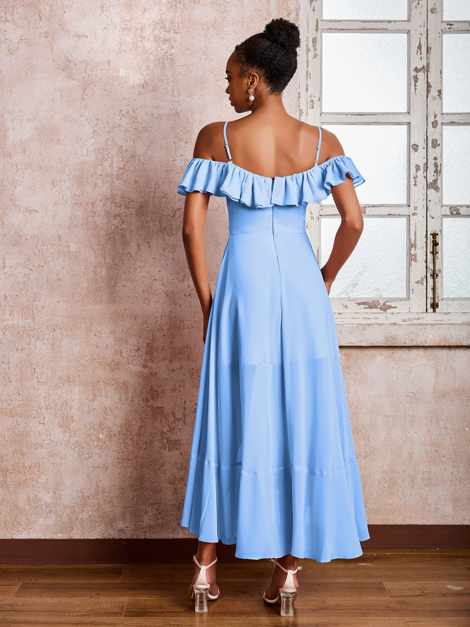 Flutter Sleeves Pleated Off-The-Shoulder Tea-Length Dresses Blue - Image 2