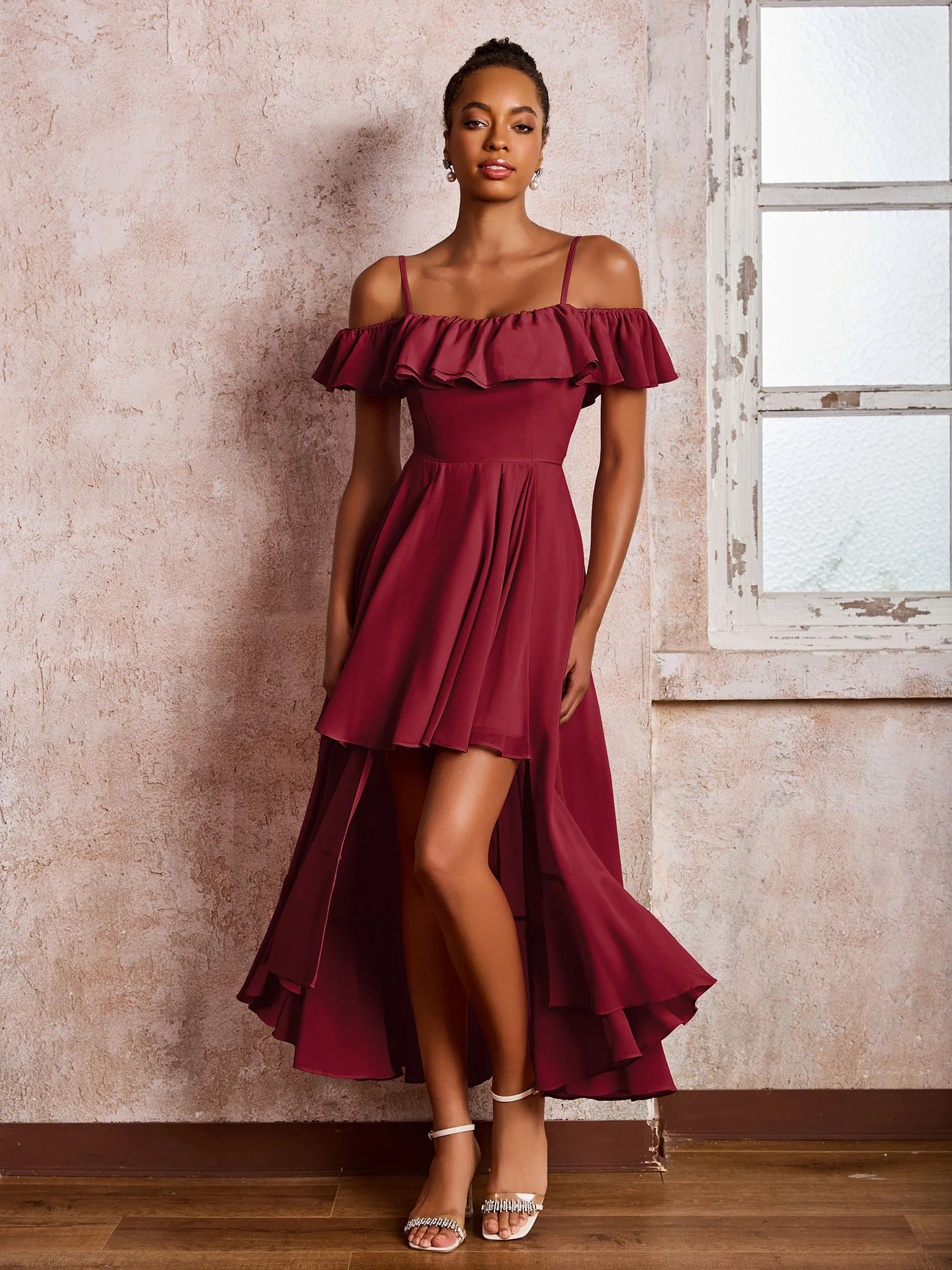Flutter Sleeves Pleated Off-The-Shoulder Tea-Length Dresses Burgundy - Image 3