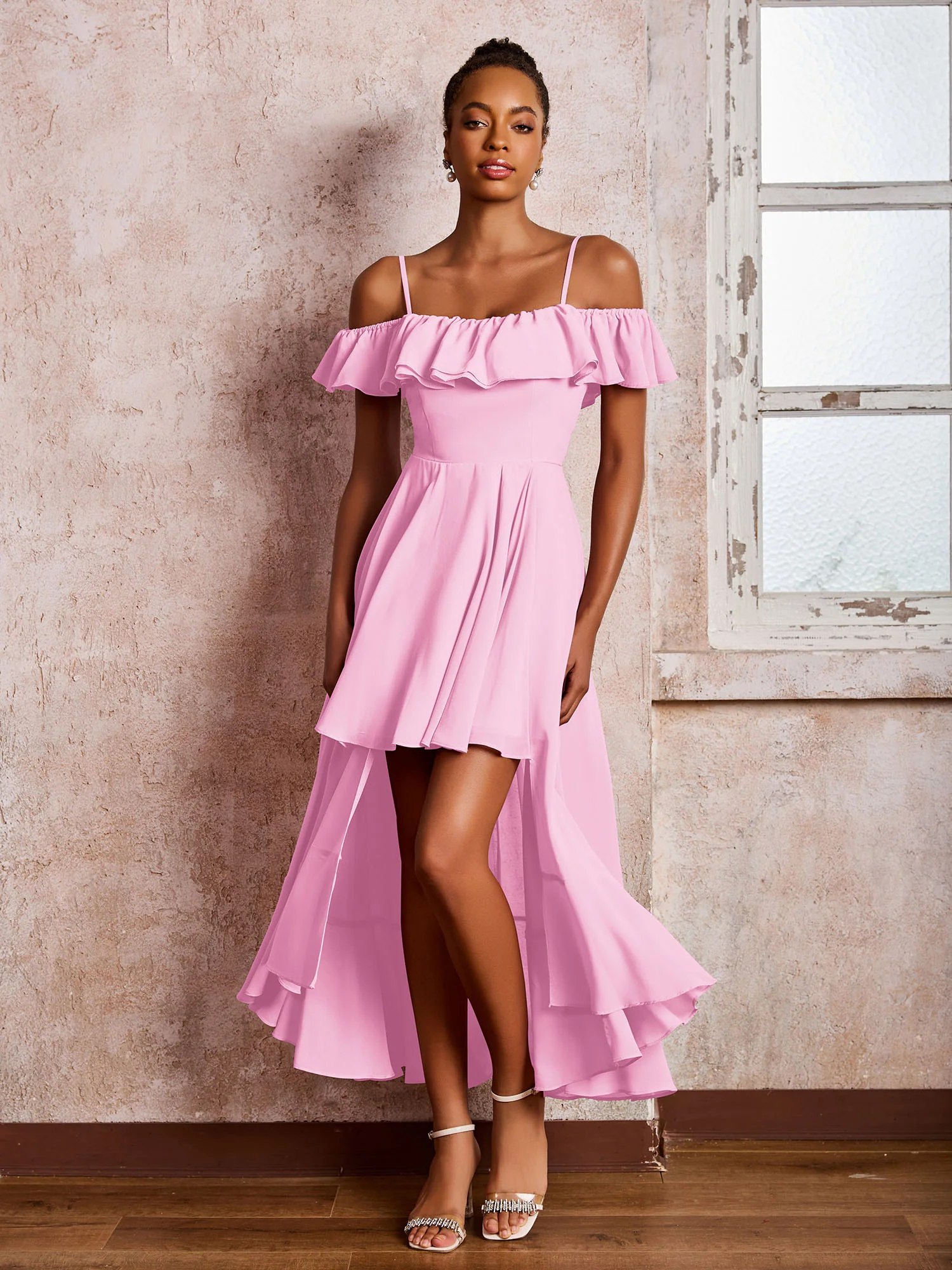 Flutter Sleeves Pleated Off-The-Shoulder Tea-Length Dresses Candy Pink - Image 3