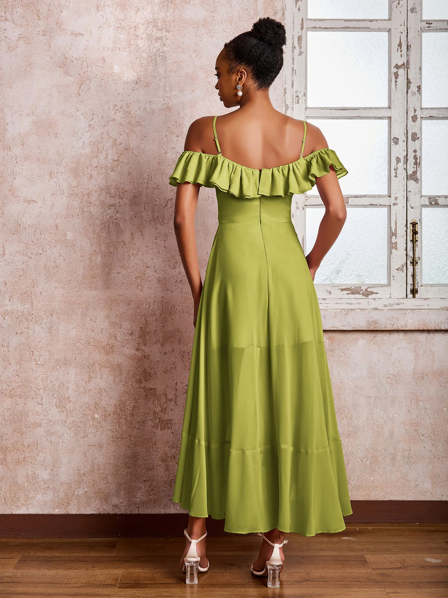 Flutter Sleeves Pleated Off-The-Shoulder Tea-Length Dresses Clover - Image 2