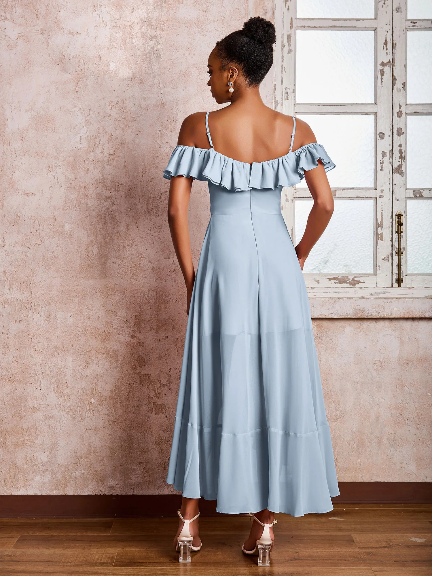 Flutter Sleeves Pleated Off-The-Shoulder Tea-Length Dresses Dusty Blue - Image 2