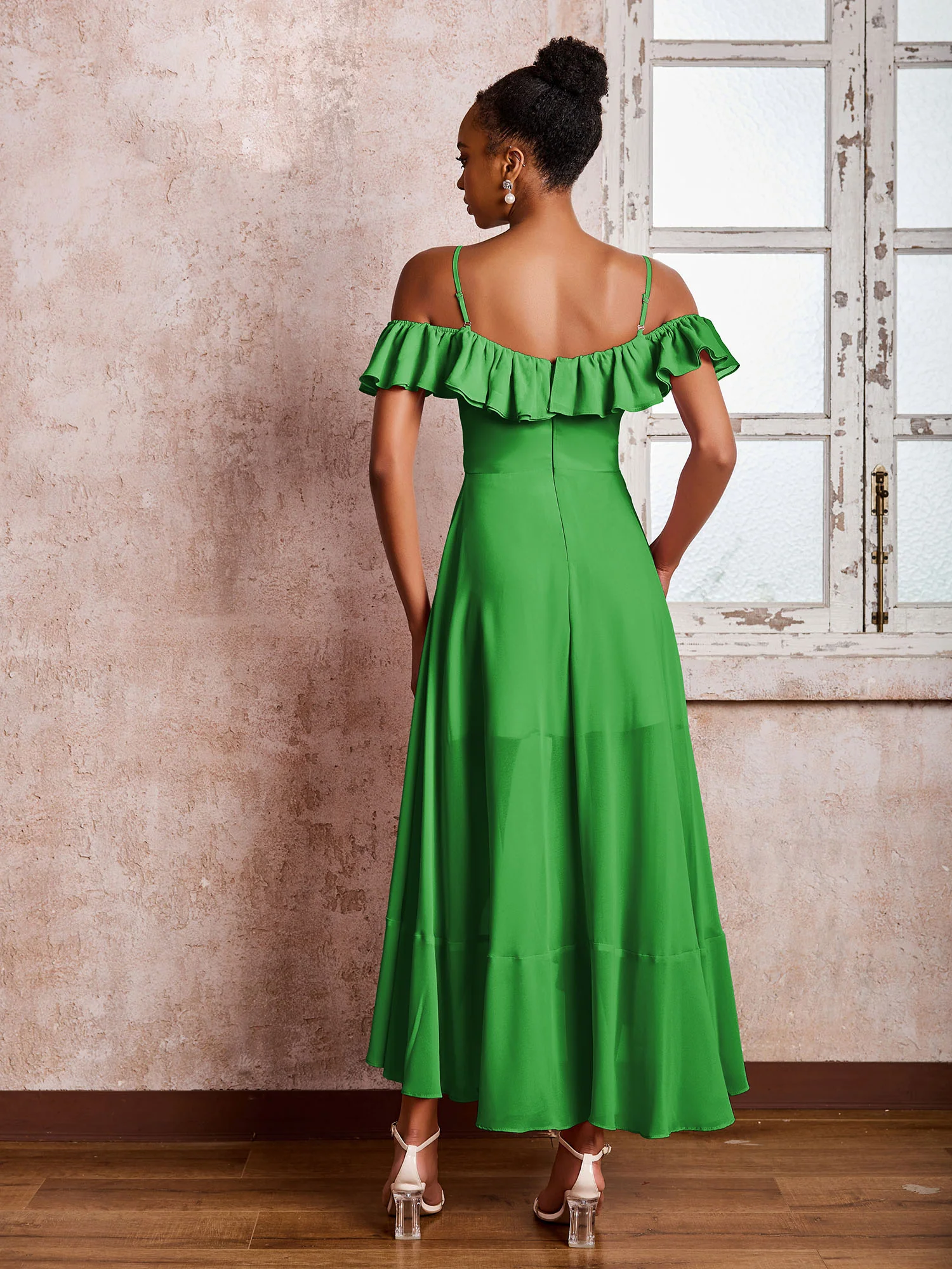 Flutter Sleeves Pleated Off-The-Shoulder Tea-Length Dresses Green - Image 2