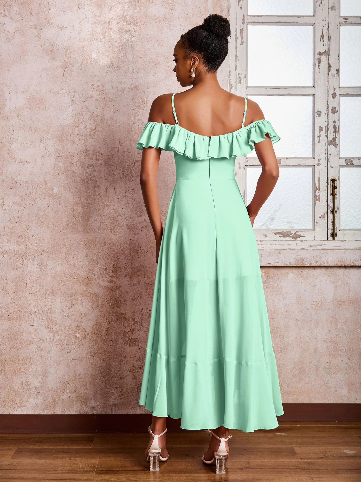 Flutter Sleeves Pleated Off-The-Shoulder Tea-Length Dresses Mint Green - Image 2