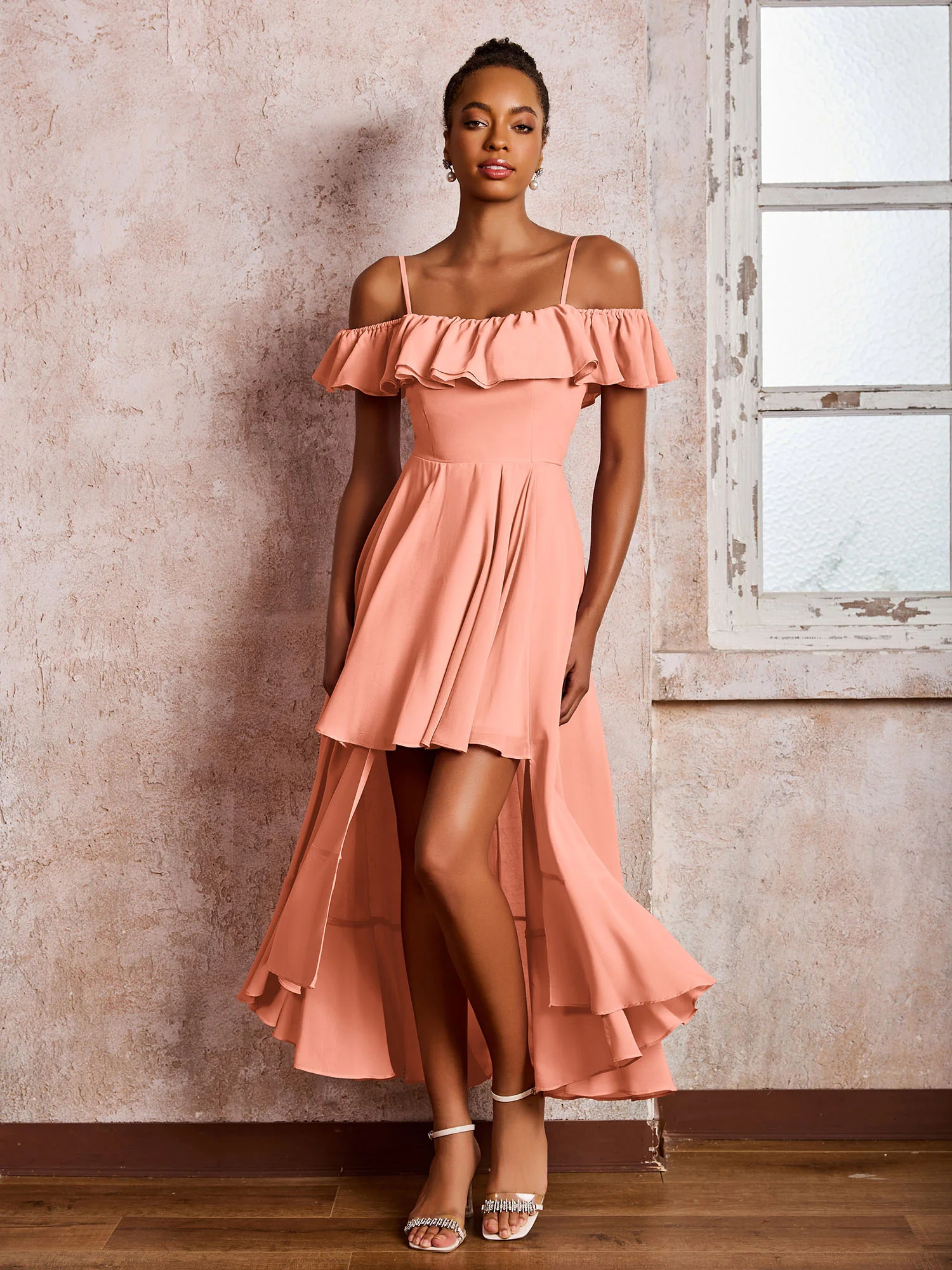 Flutter Sleeves Pleated Off-The-Shoulder Tea-Length Dresses Papaya - Image 3