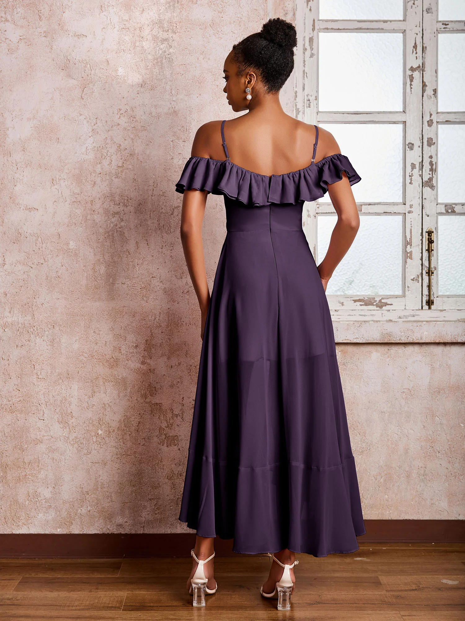 Flutter Sleeves Pleated Off-The-Shoulder Tea-Length Dresses Plum - Image 2