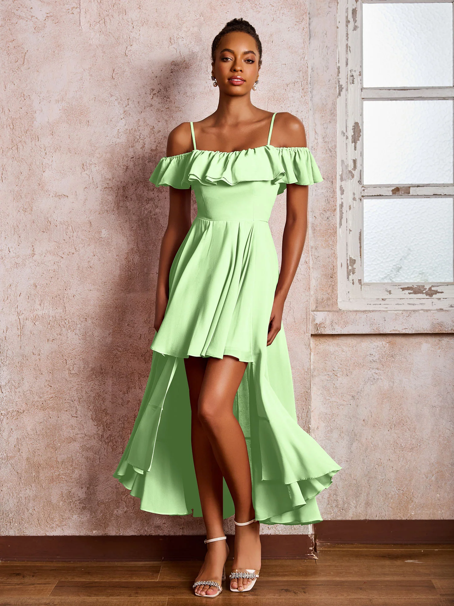 Flutter Sleeves Pleated Off-The-Shoulder Tea-Length Dresses Sage - Image 3
