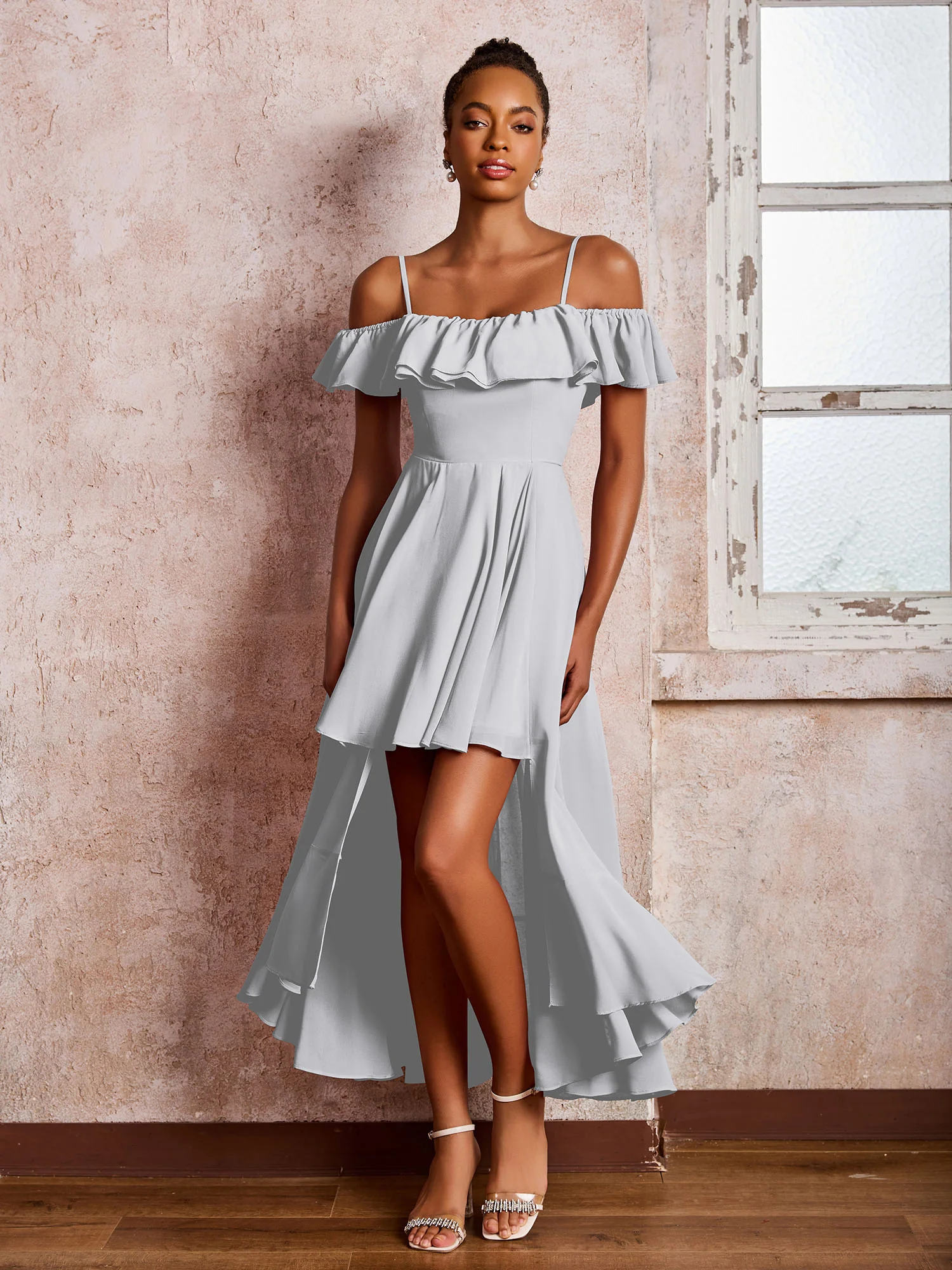 Flutter Sleeves Pleated Off-The-Shoulder Tea-Length Dresses Silver - Image 3