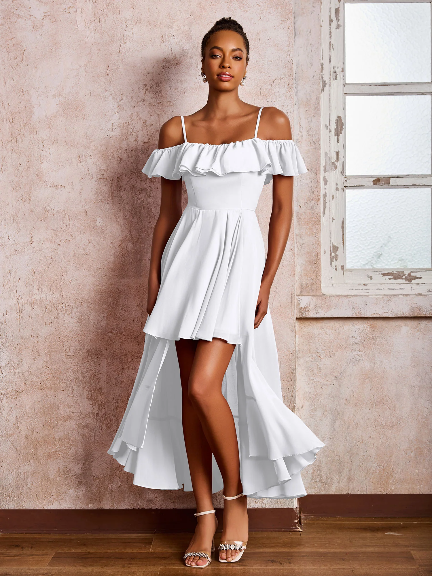 Flutter Sleeves Pleated Off-The-Shoulder Tea-Length Dresses White - Image 3