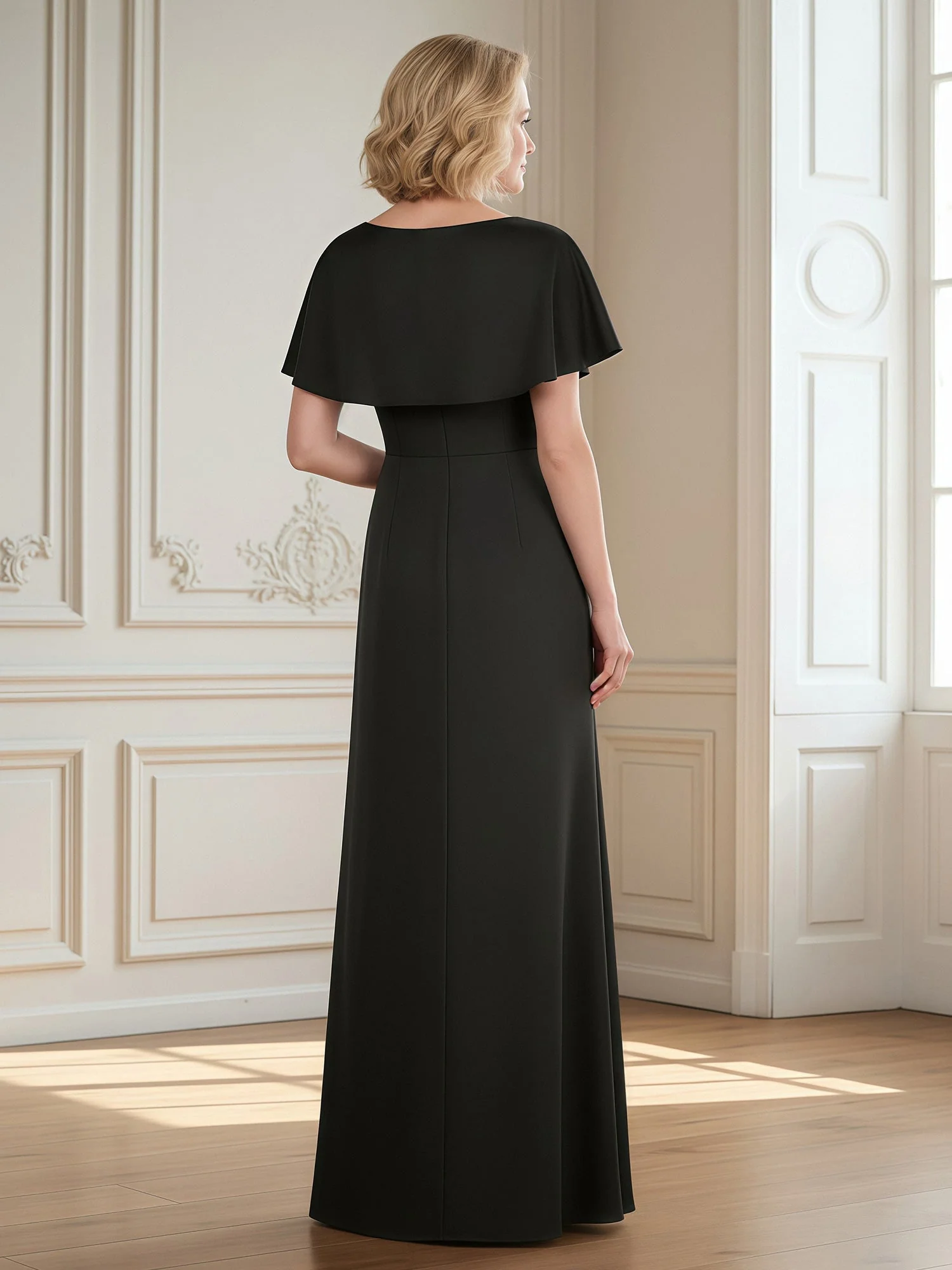 Flutter Sleeves Pleated V-neck Sheath Long Dress Dark Navy - Image 2