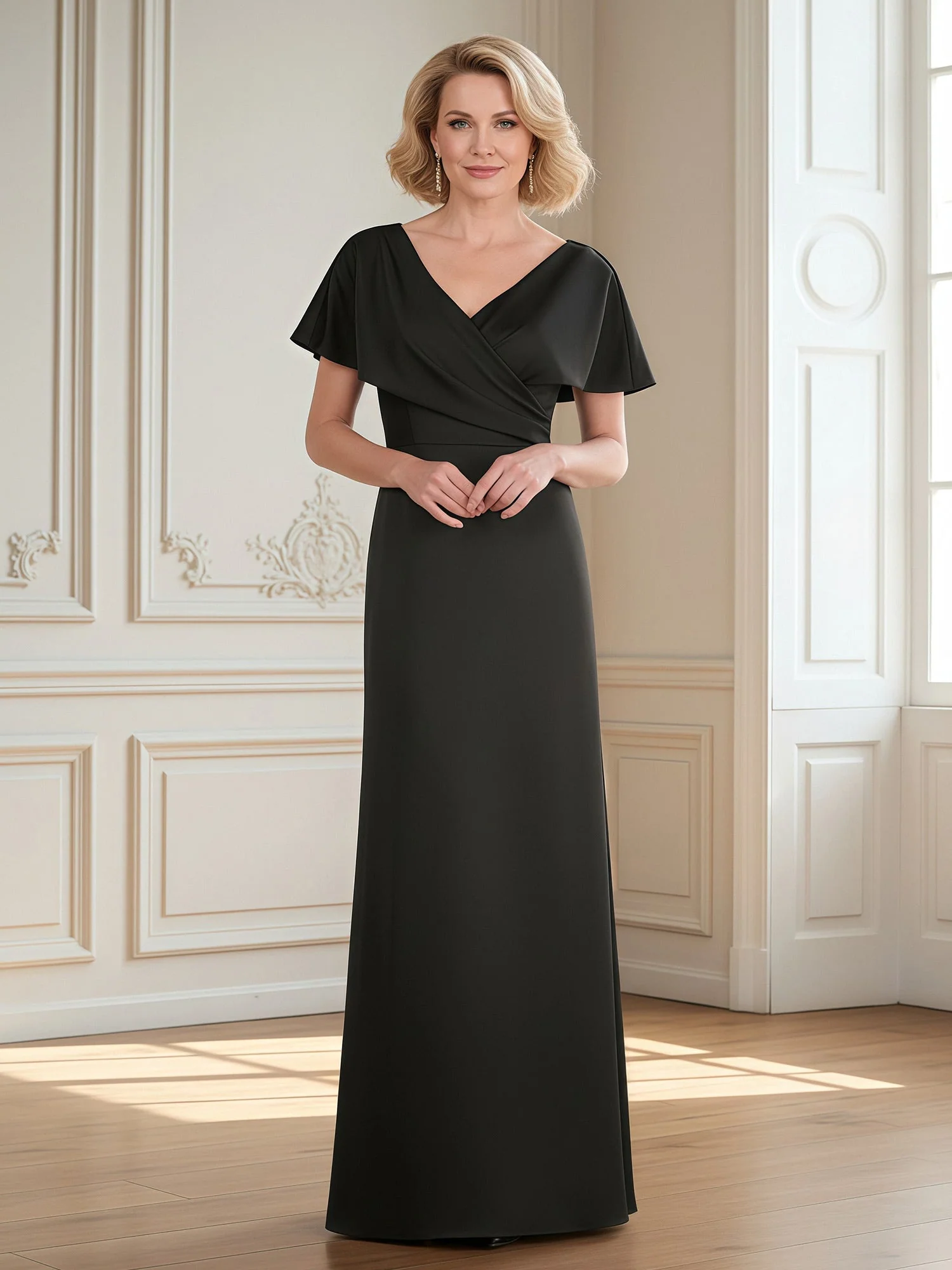 Flutter Sleeves Pleated V-neck Sheath Long Dress Royal Blue