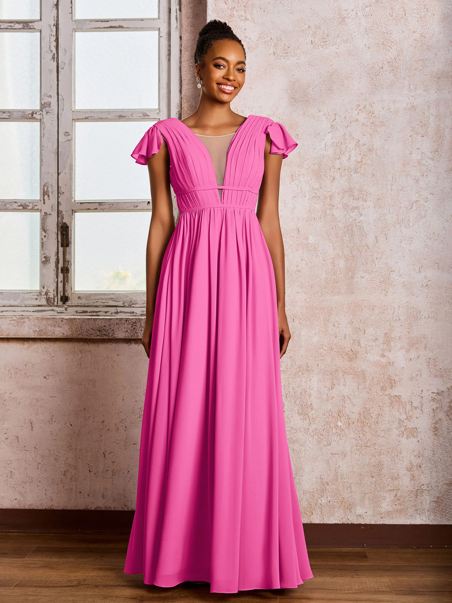 Flutter Sleeves Plunging V-neck Pleated A-line Dresses with Belt Azalea