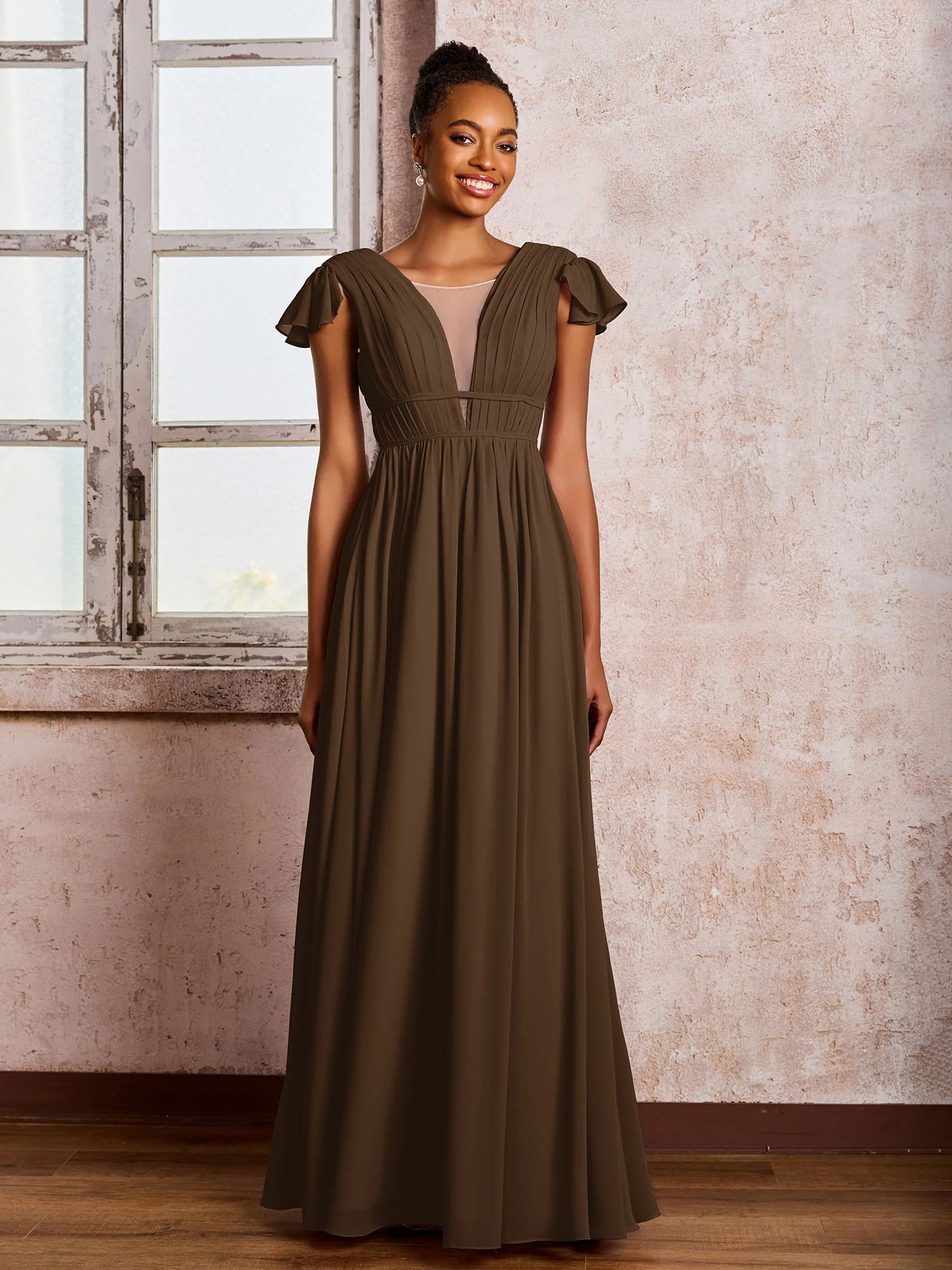 Flutter Sleeves Plunging V-neck Pleated A-line Dresses with Belt Brown