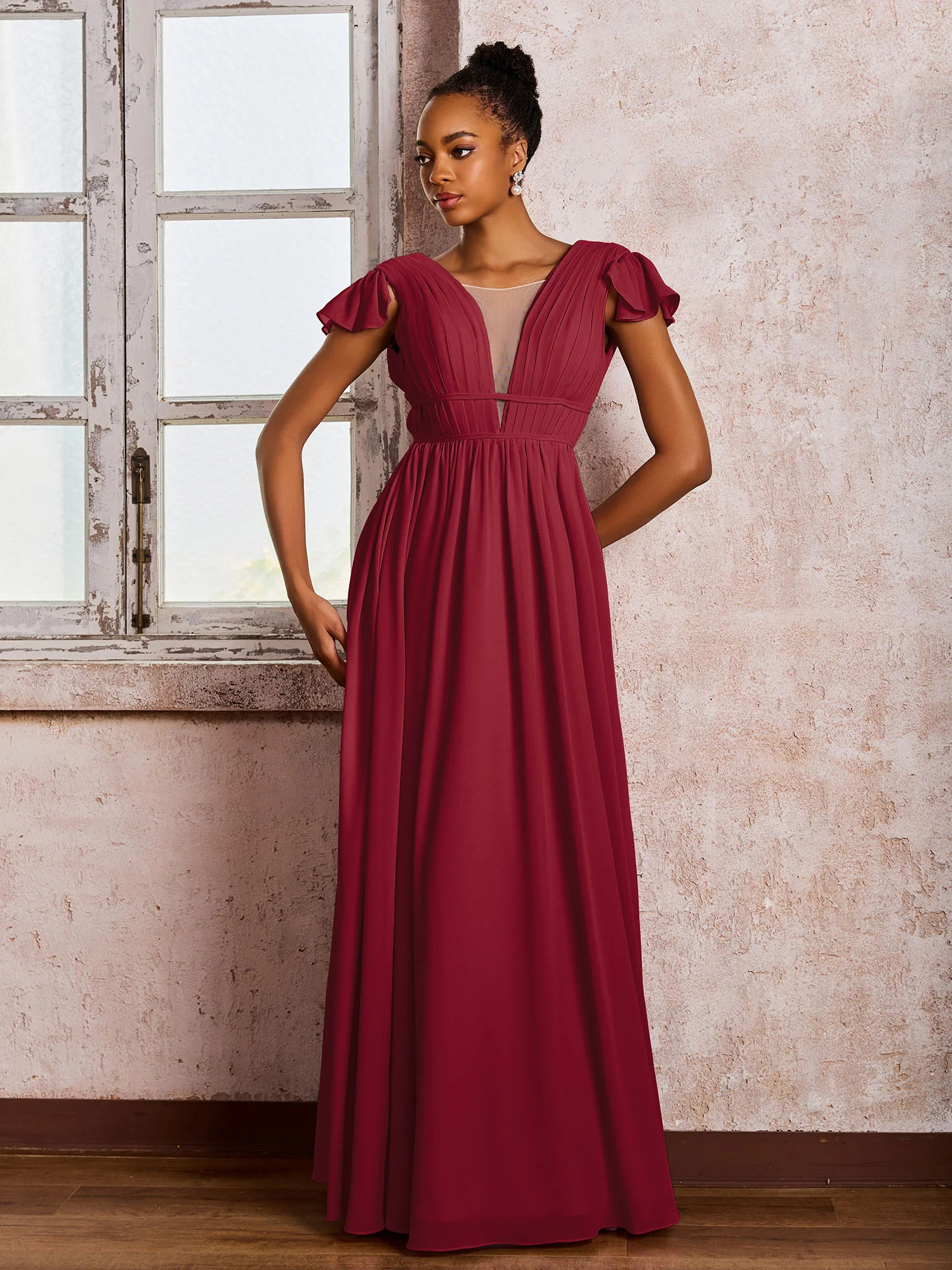 Flutter Sleeves Plunging V-neck Pleated A-line Dresses with Belt Burgundy - Image 3