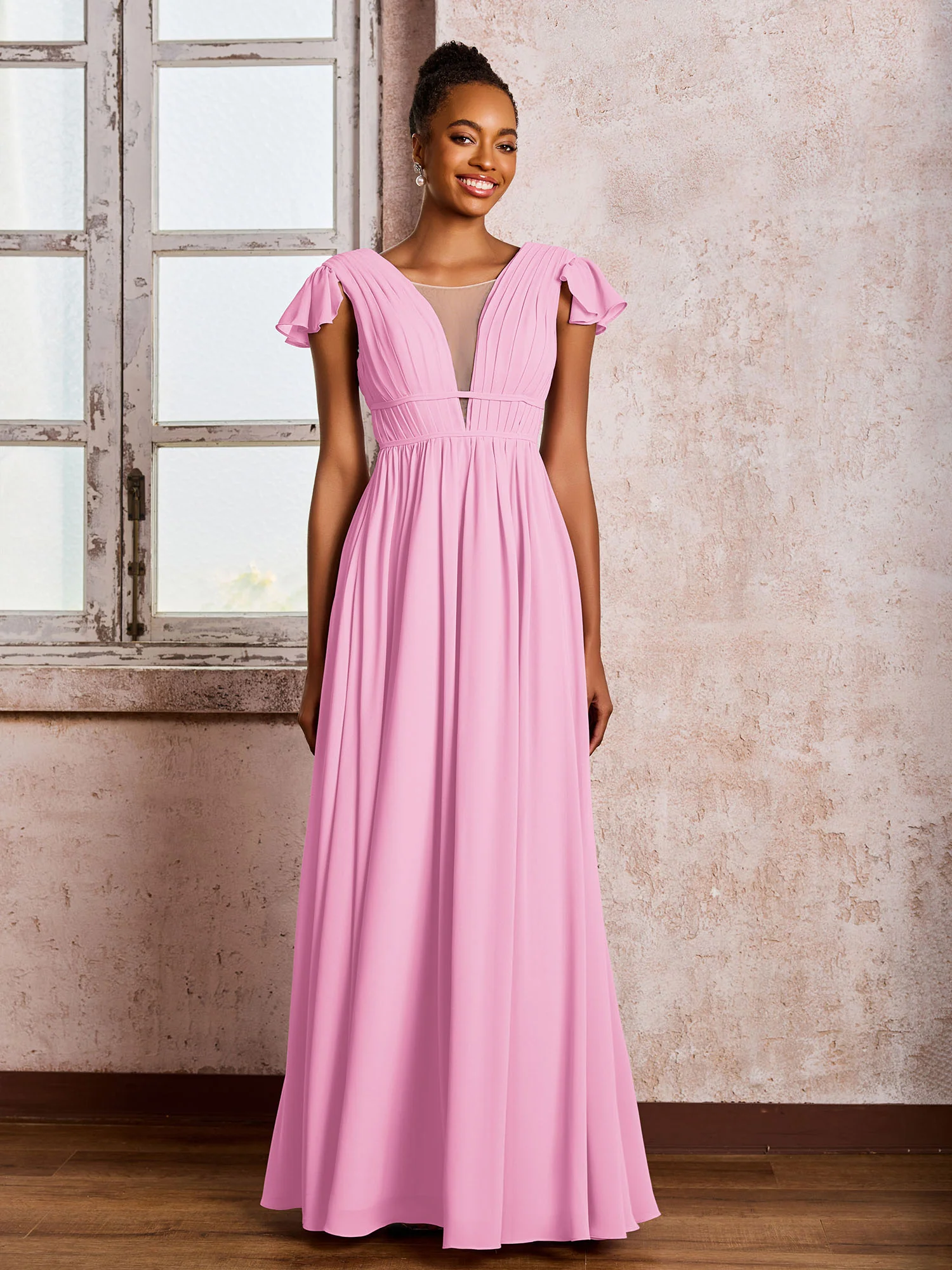 Flutter Sleeves Plunging V-neck Pleated A-line Dresses with Belt Candy Pink