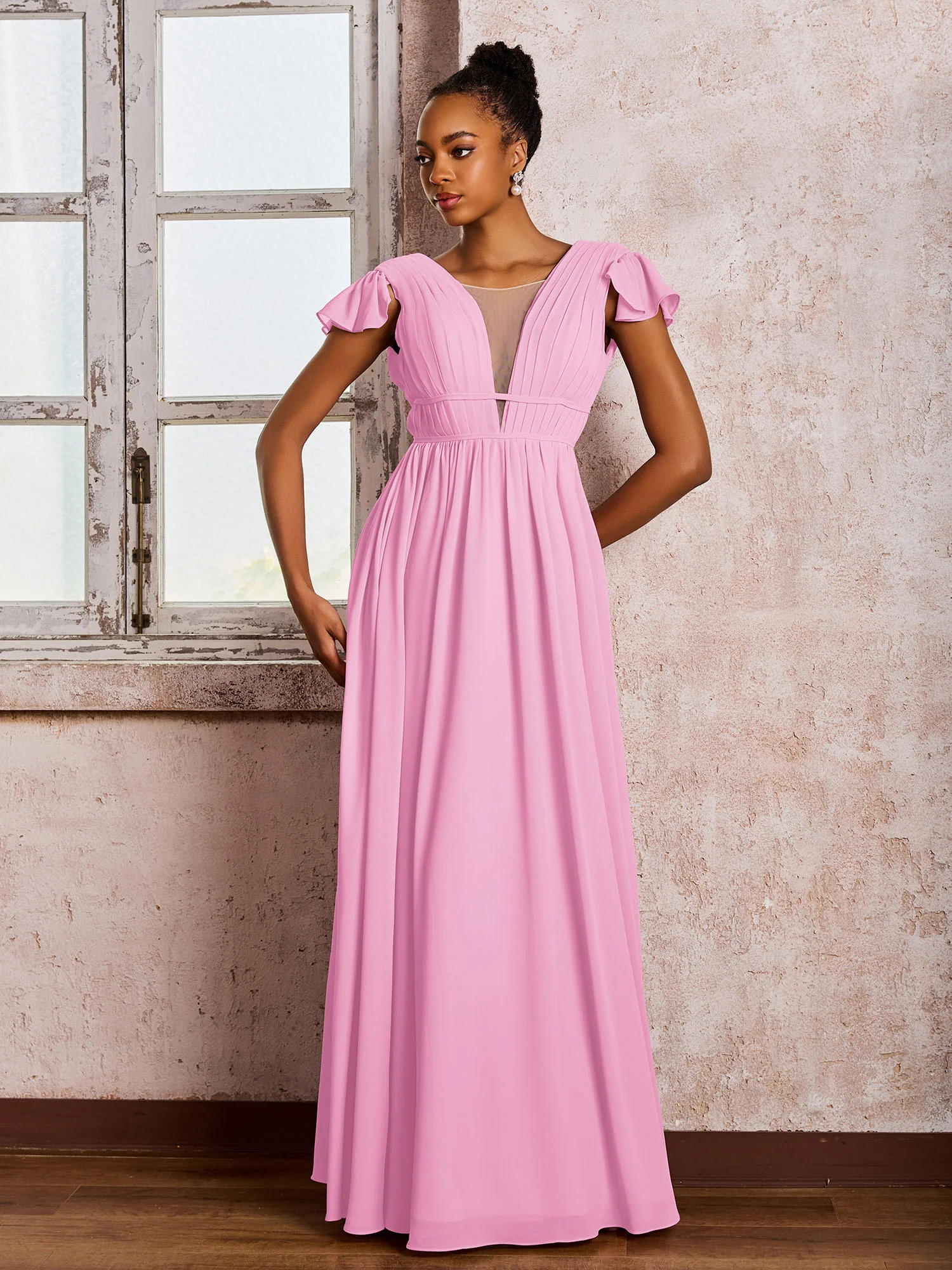 Flutter Sleeves Plunging V-neck Pleated A-line Dresses with Belt Candy Pink - Image 3
