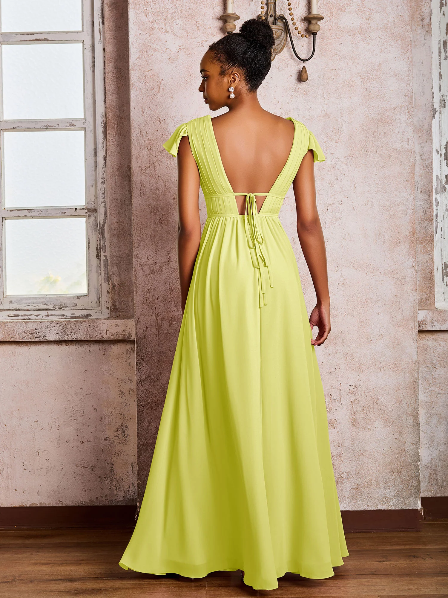 Flutter Sleeves Plunging V-neck Pleated A-line Dresses with Belt Daffodil - Image 2