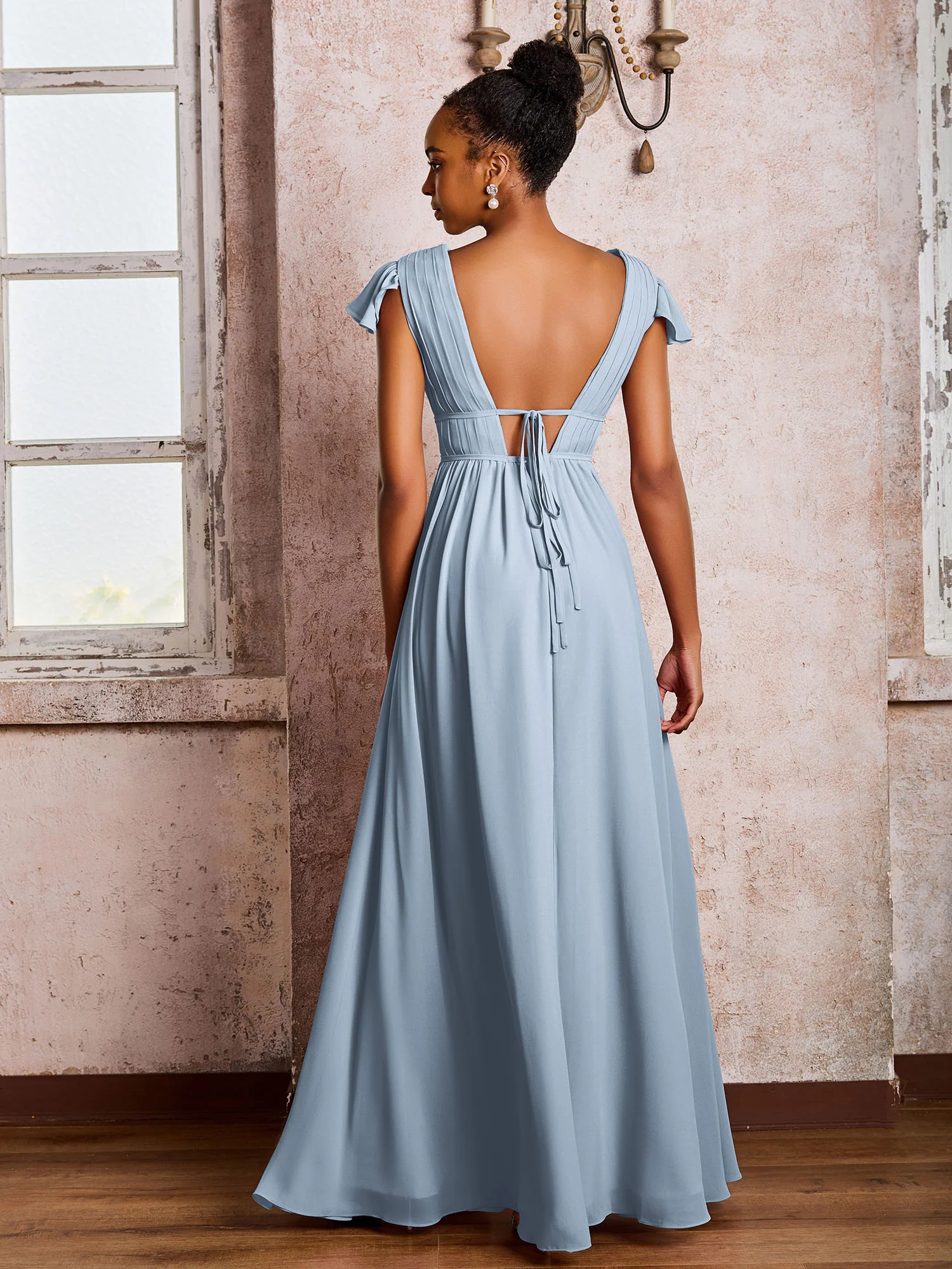 Flutter Sleeves Plunging V-neck Pleated A-line Dresses with Belt Dusty Blue - Image 2