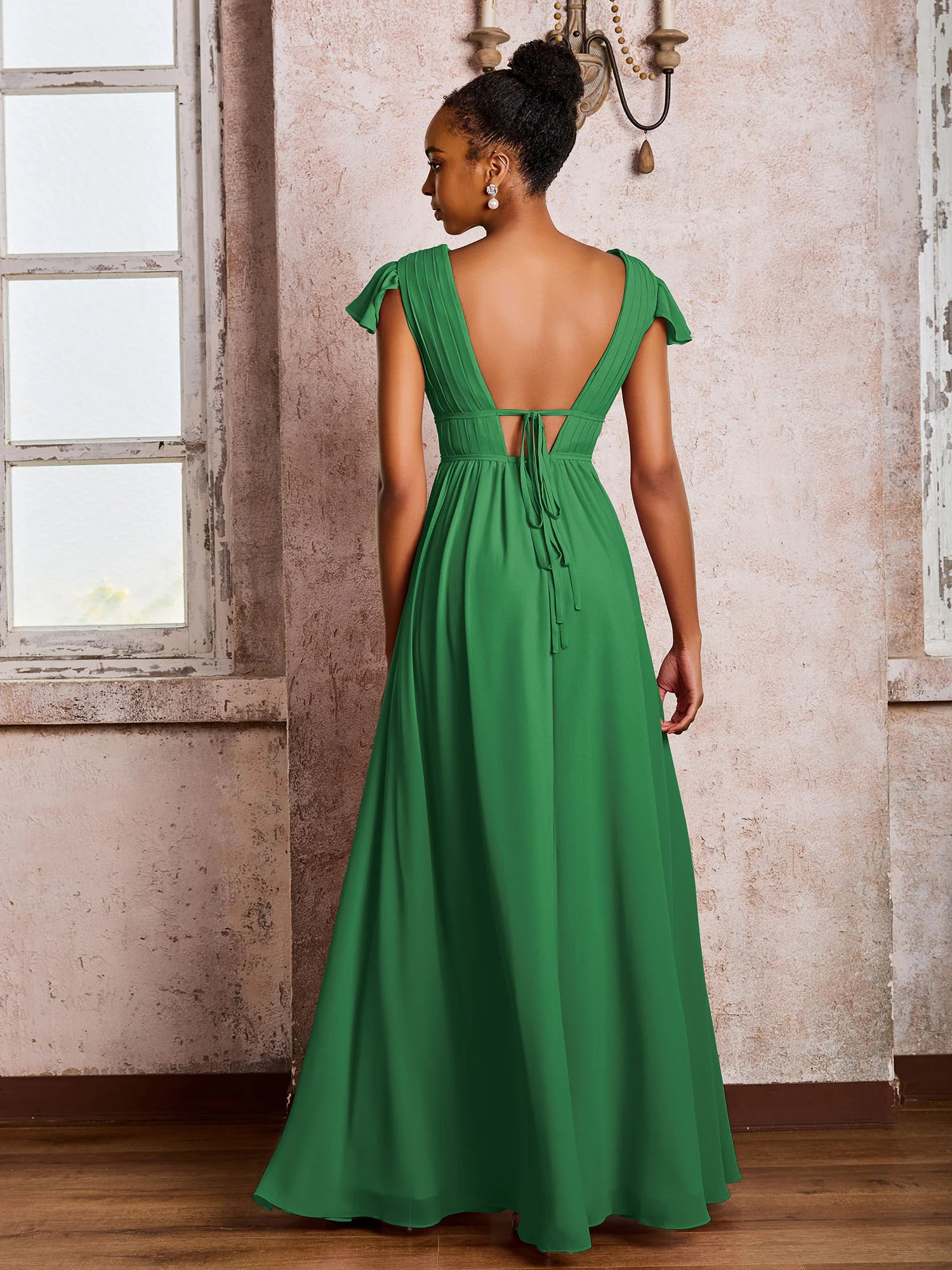 Flutter Sleeves Plunging V-neck Pleated A-line Dresses with Belt Emerald - Image 2