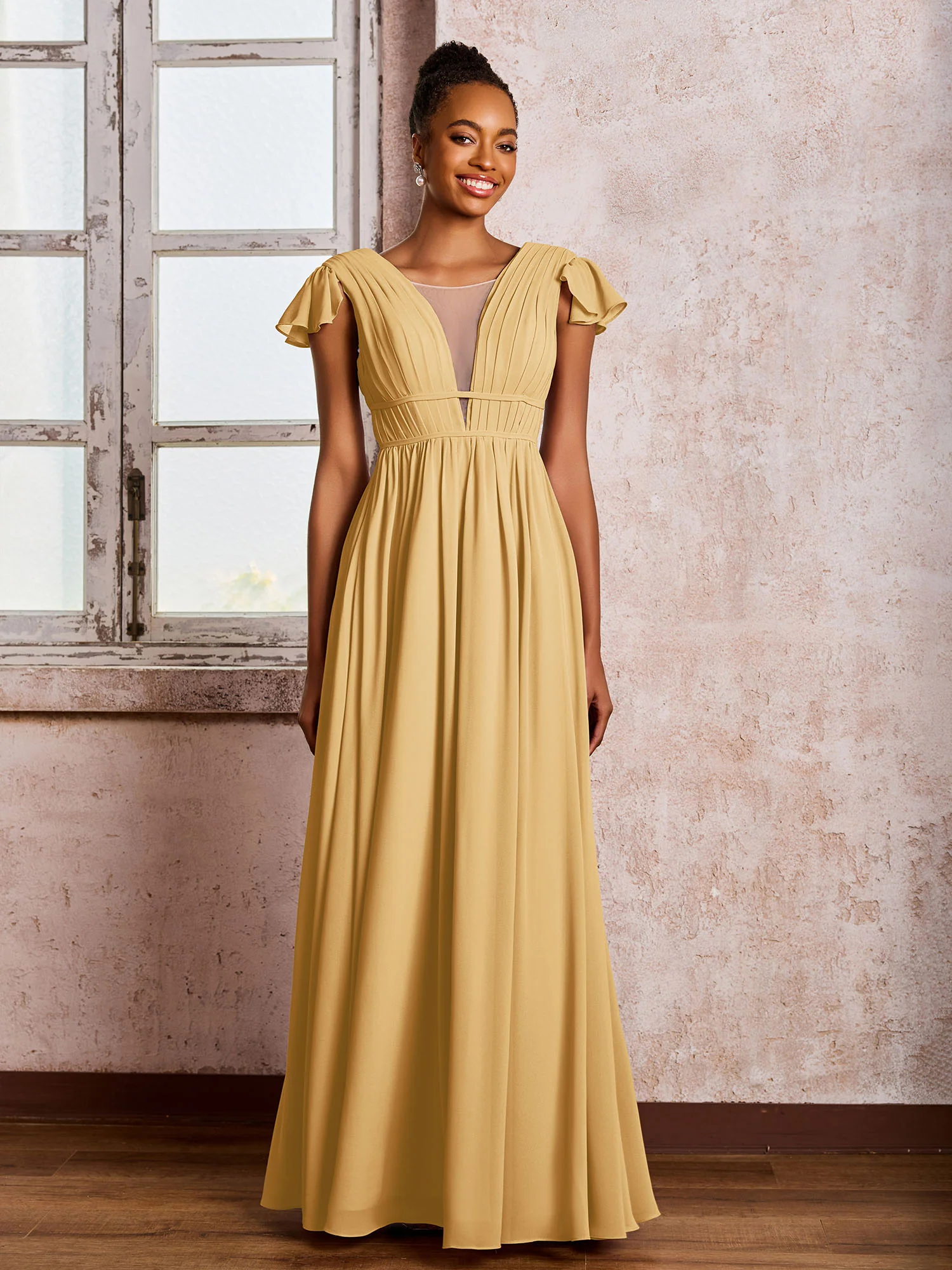 Flutter Sleeves Plunging V-neck Pleated A-line Dresses with Belt Gold