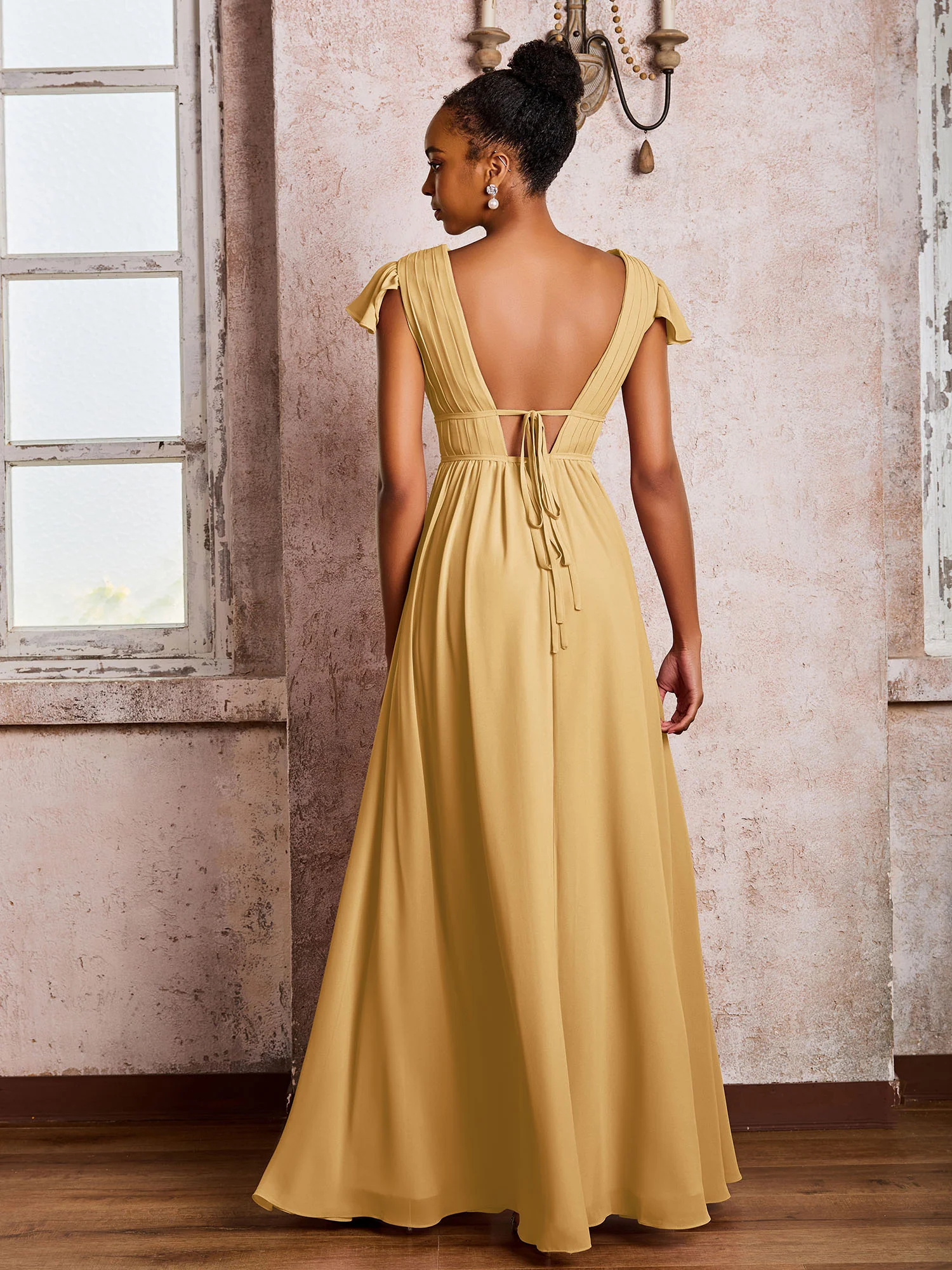 Flutter Sleeves Plunging V-neck Pleated A-line Dresses with Belt Gold - Image 2